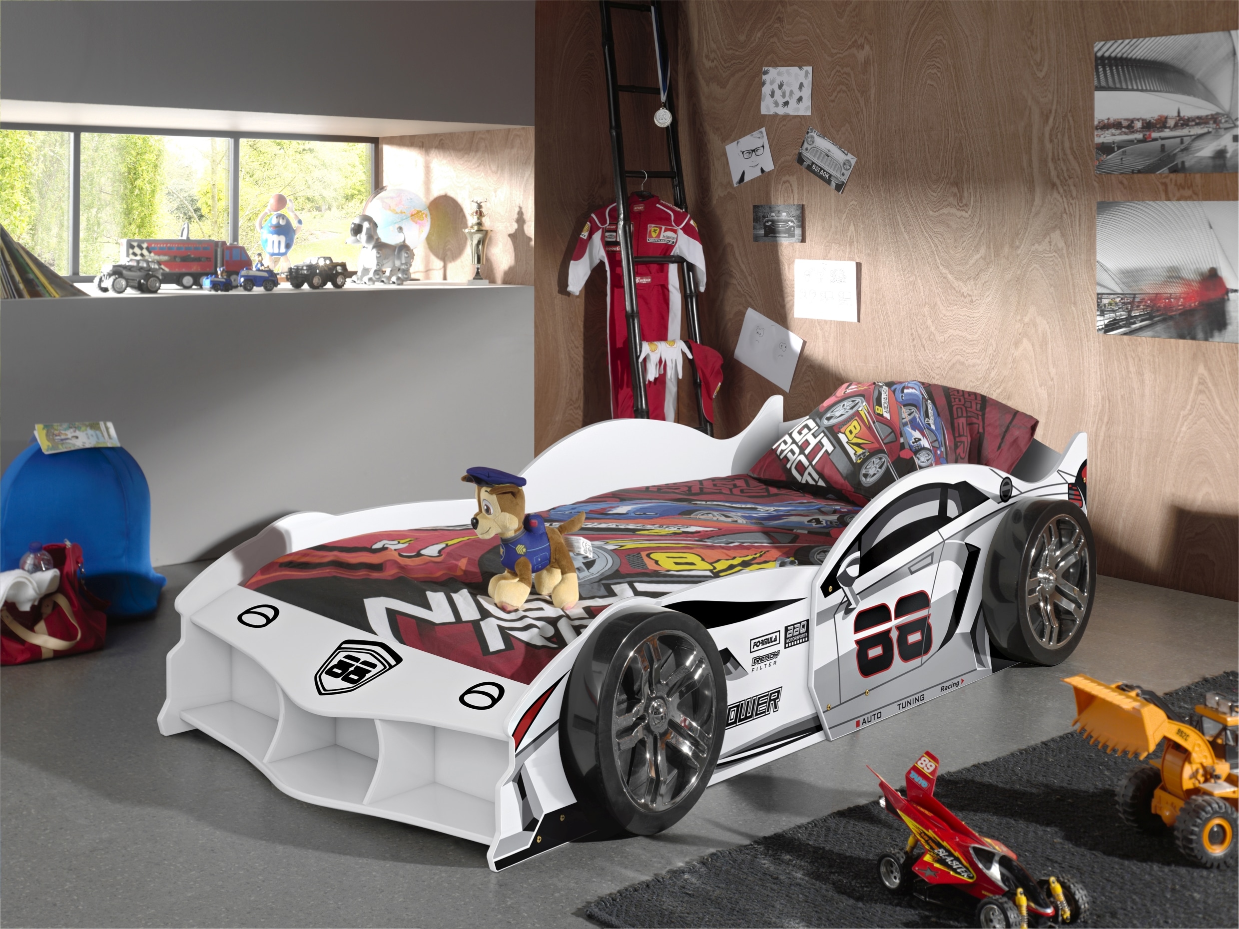 MAX Autobett 90x200 cm, inkl. Lattenrost, Ausf. MDF gl&auml;nzend wei&szlig; lackiert mit Racing Motiven 