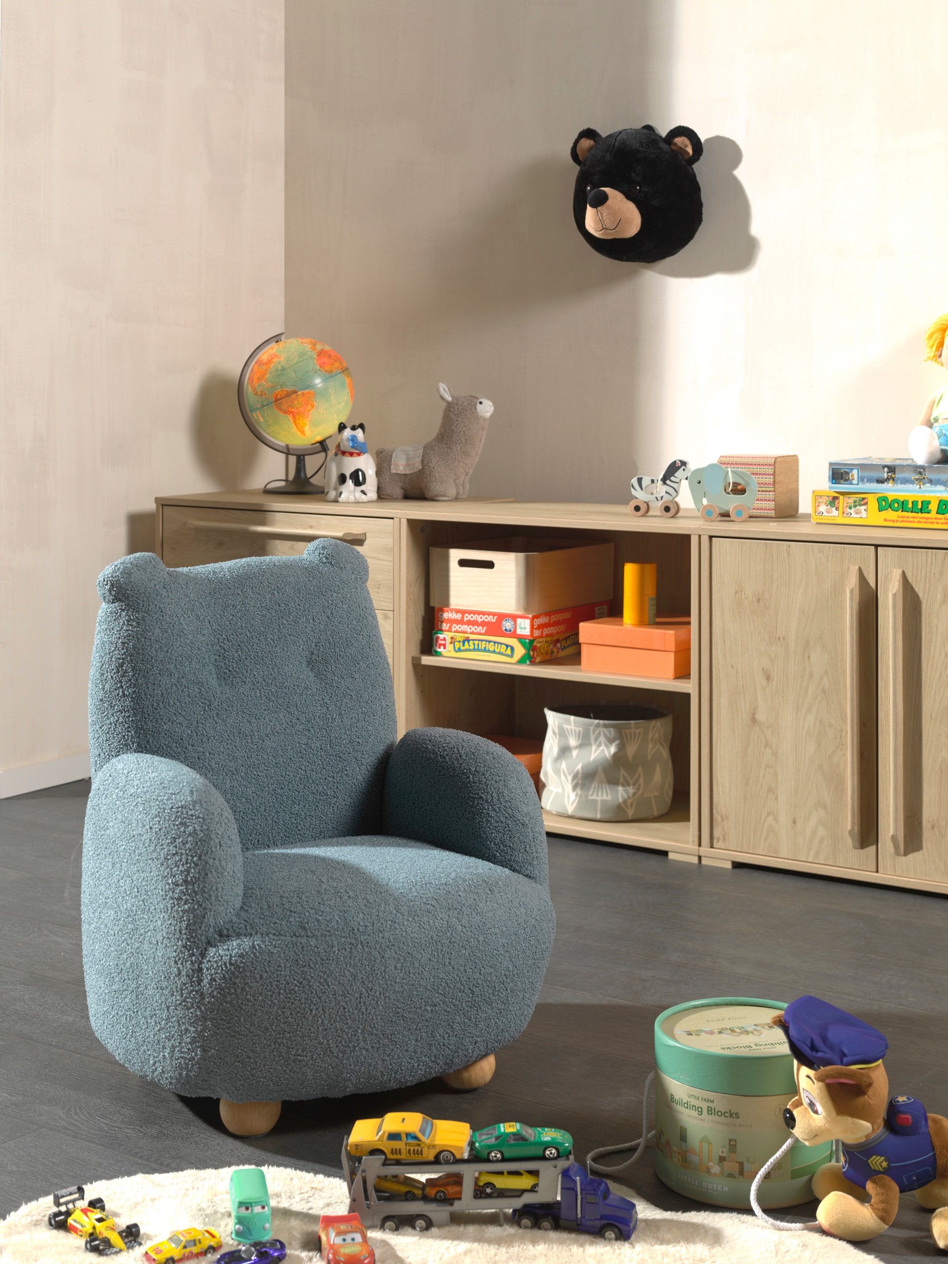 Kindersessel B&auml;rchen Optik, Bezug Boucl&egrave; Blau 