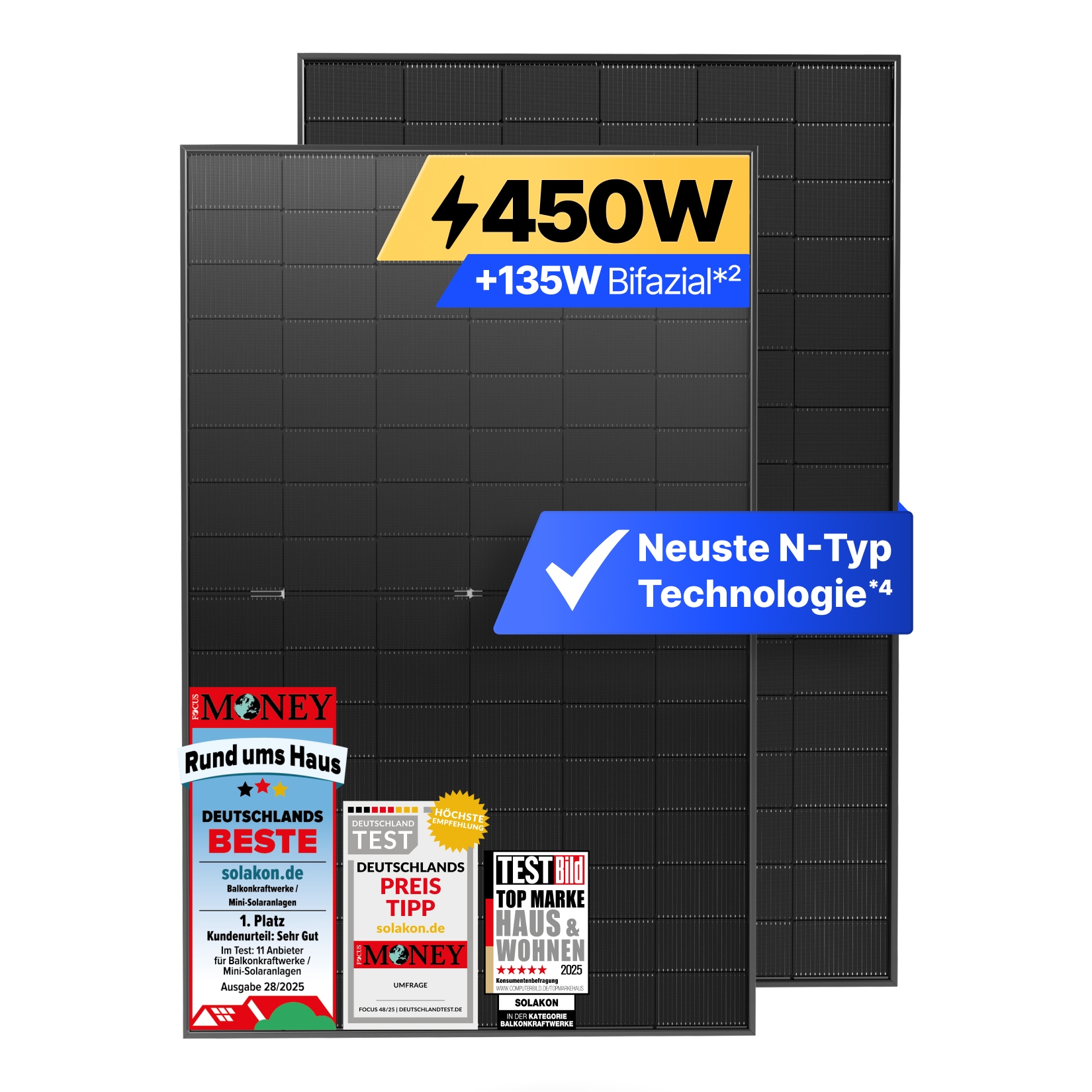 Solakon Solarmodul 450W, N-Type bifaziales monokristallines Glas-Glas Solarpanel, 40v Photovoltaik Solarmodule/Solar Module f&uuml;r Balkonkraftwerk/Solaranlage, Solar Panel f&uuml;r Photovoltaik Komplettanlage (1 Stk) 