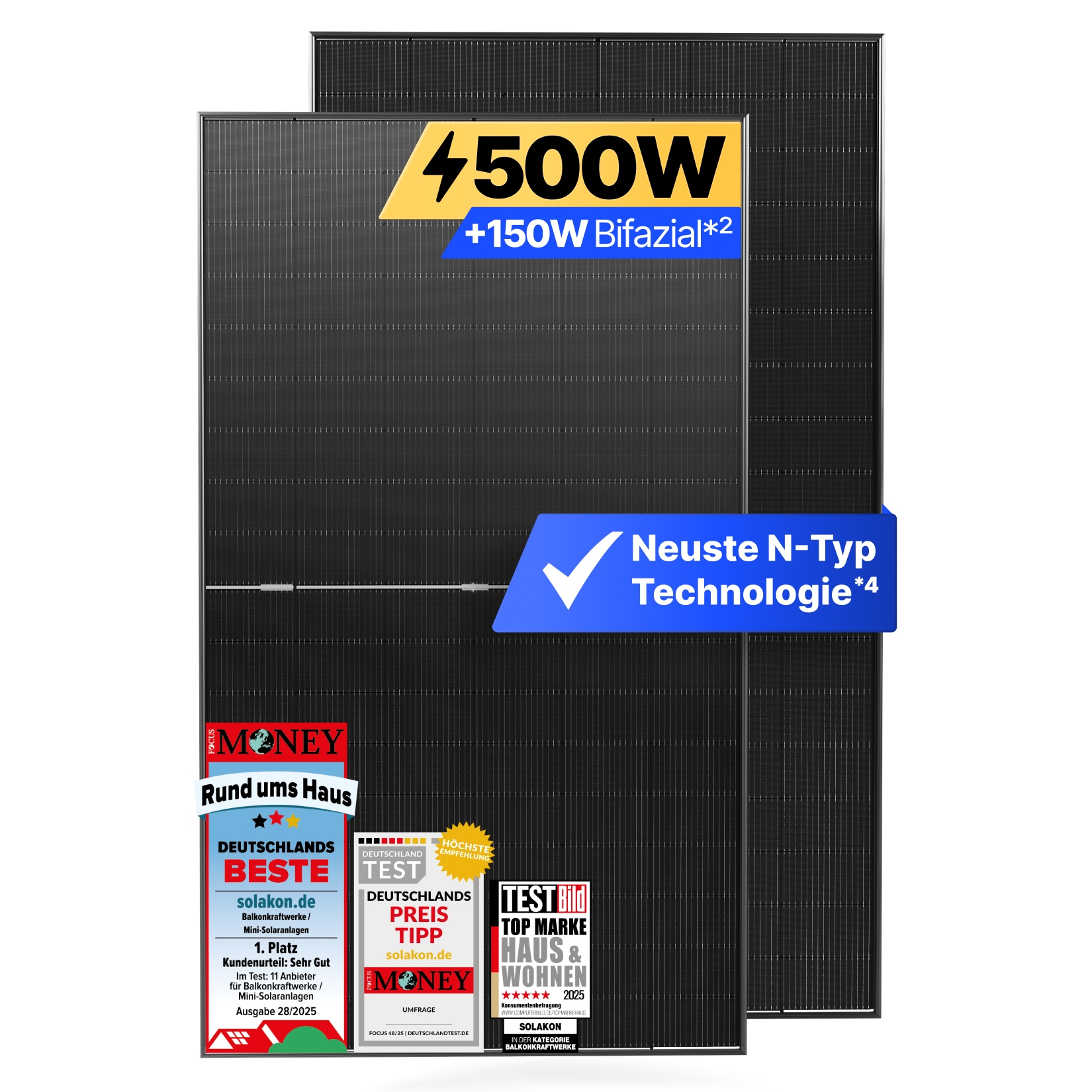 Solakon Solarmodul 500W, N-Type bifaziales monokristallines Glas-Glas Solarpanel, 40v Photovoltaik Solarmodule/Solar Module f&uuml;r Balkonkraftwerk/Solaranlage, Solar Panel f&uuml;r Photovoltaik Komplettanlage (1 Stk) 