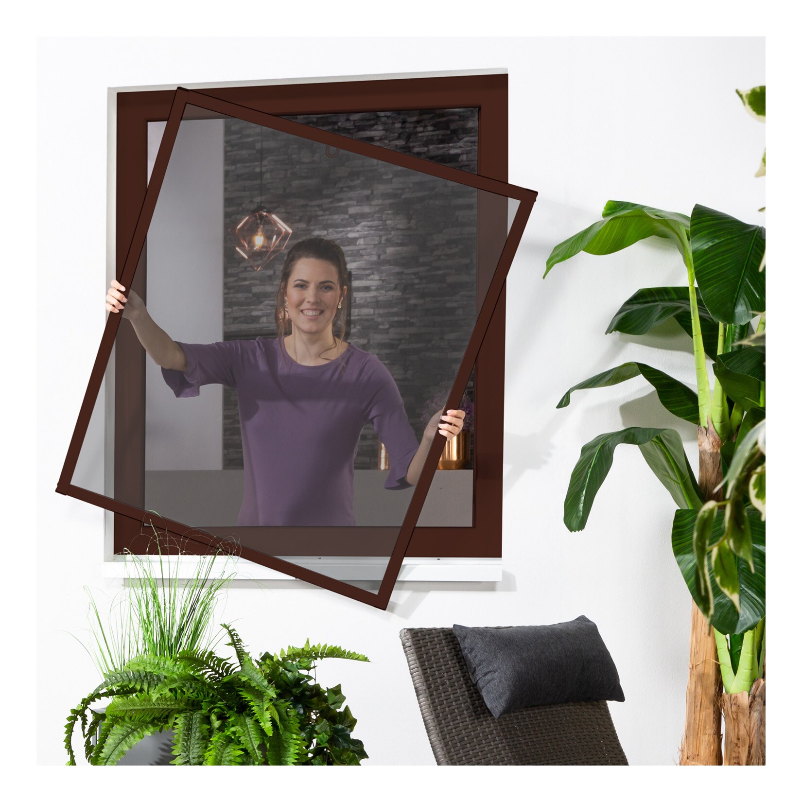 Fensterbausatz "MASTER SLIM" 100x120 cm in Braun mit Pollenschutz