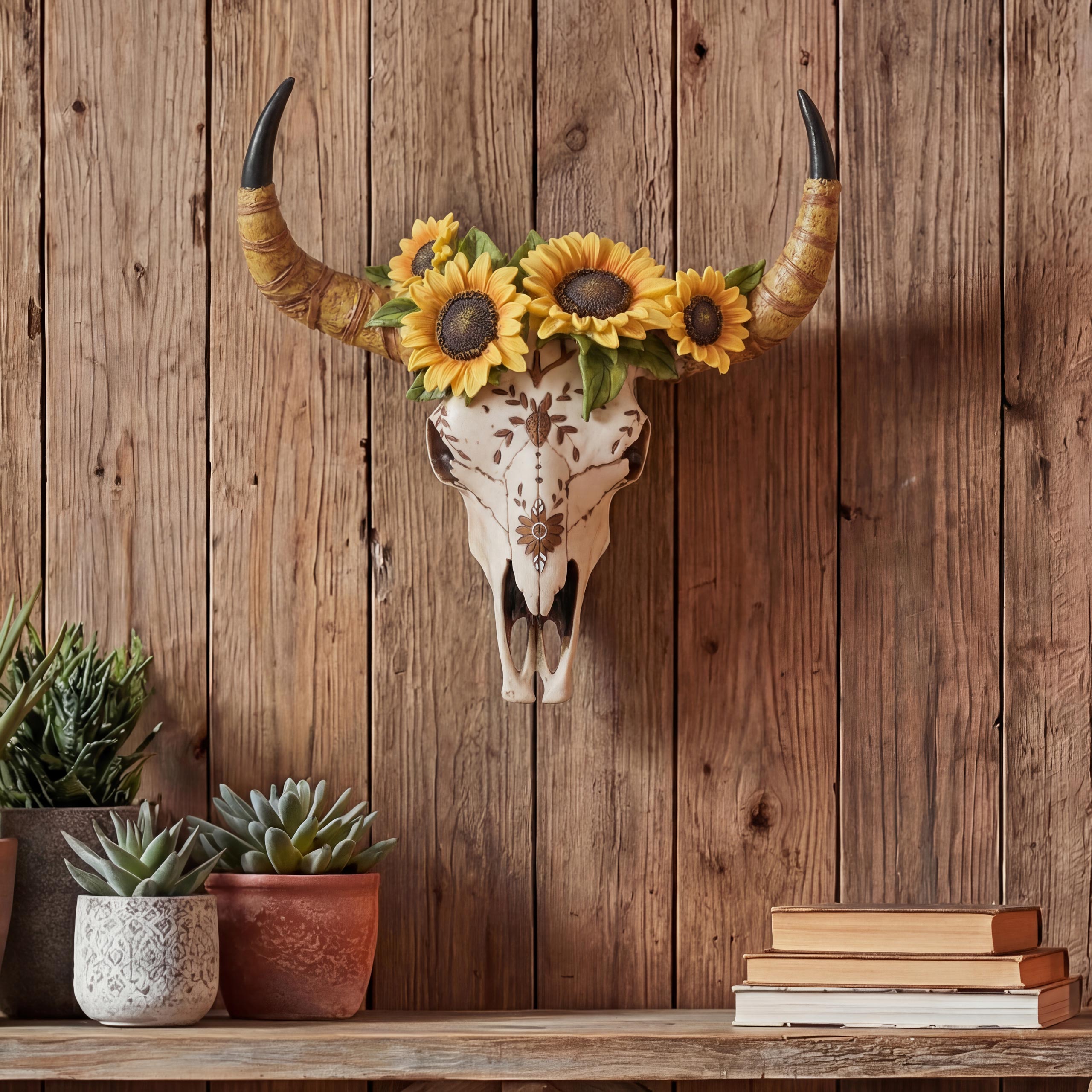 Deko Sch&auml;del MCW-Q10, Polyresin Stier Bulle Longhorn Kopf Troph&auml;e mit Verzierung Sonnenblume, In-/Outdoor 42cm 