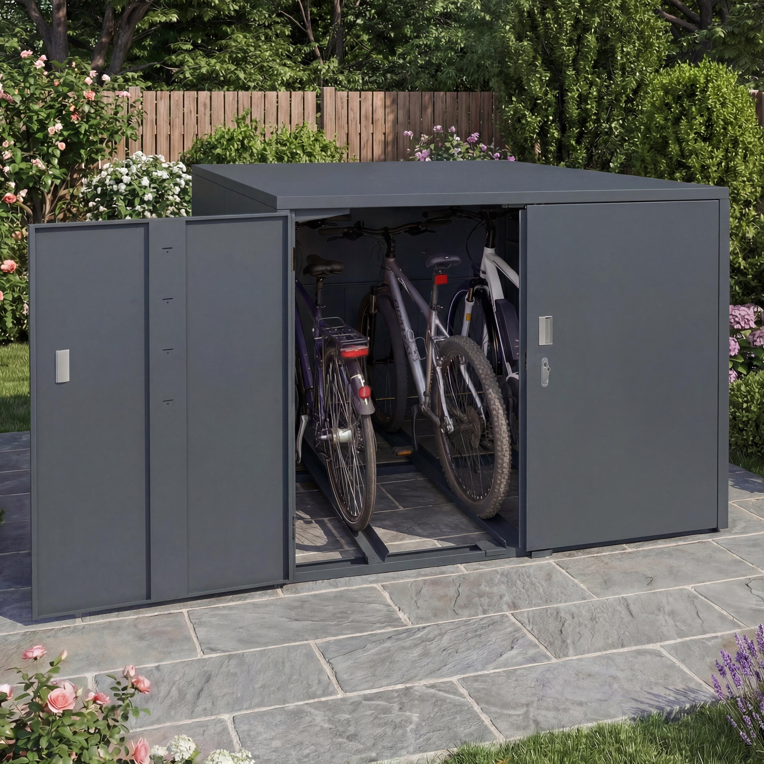 3er-Fahrradgarage MCW-P93, Fahrradunterstand Fahrradbox&nbsp;Bikebox, abschlie&szlig;bar verzinkter Stahl 124x148x208cm ~ anthrazit 