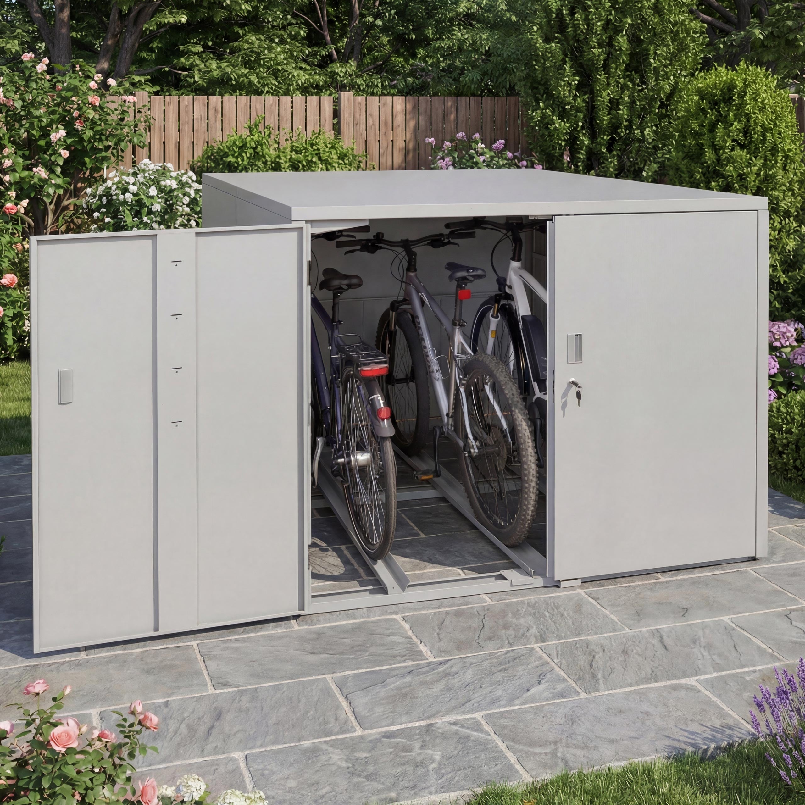3er-Fahrradgarage MCW-P93, Fahrradunterstand Fahrradbox&nbsp;Bikebox, abschlie&szlig;bar verzinkter Stahl 124x148x208cm ~ hellgrau 
