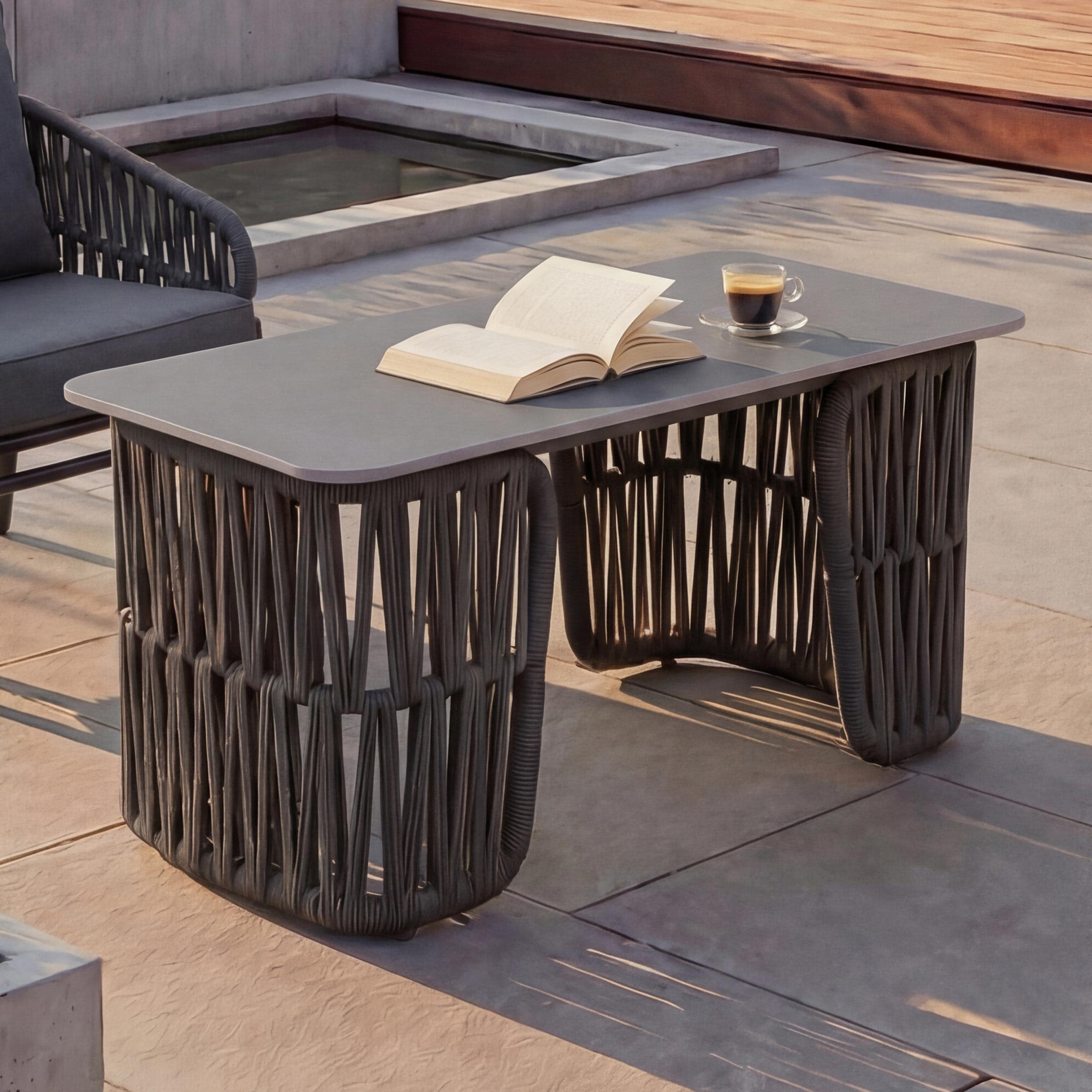 Loungetisch MCW-P90, Gartentisch Balkontisch Outdoor, Seilgeflecht Rope Sinterstein 43x90x45cm ~ anthrazit, Platte grau 
