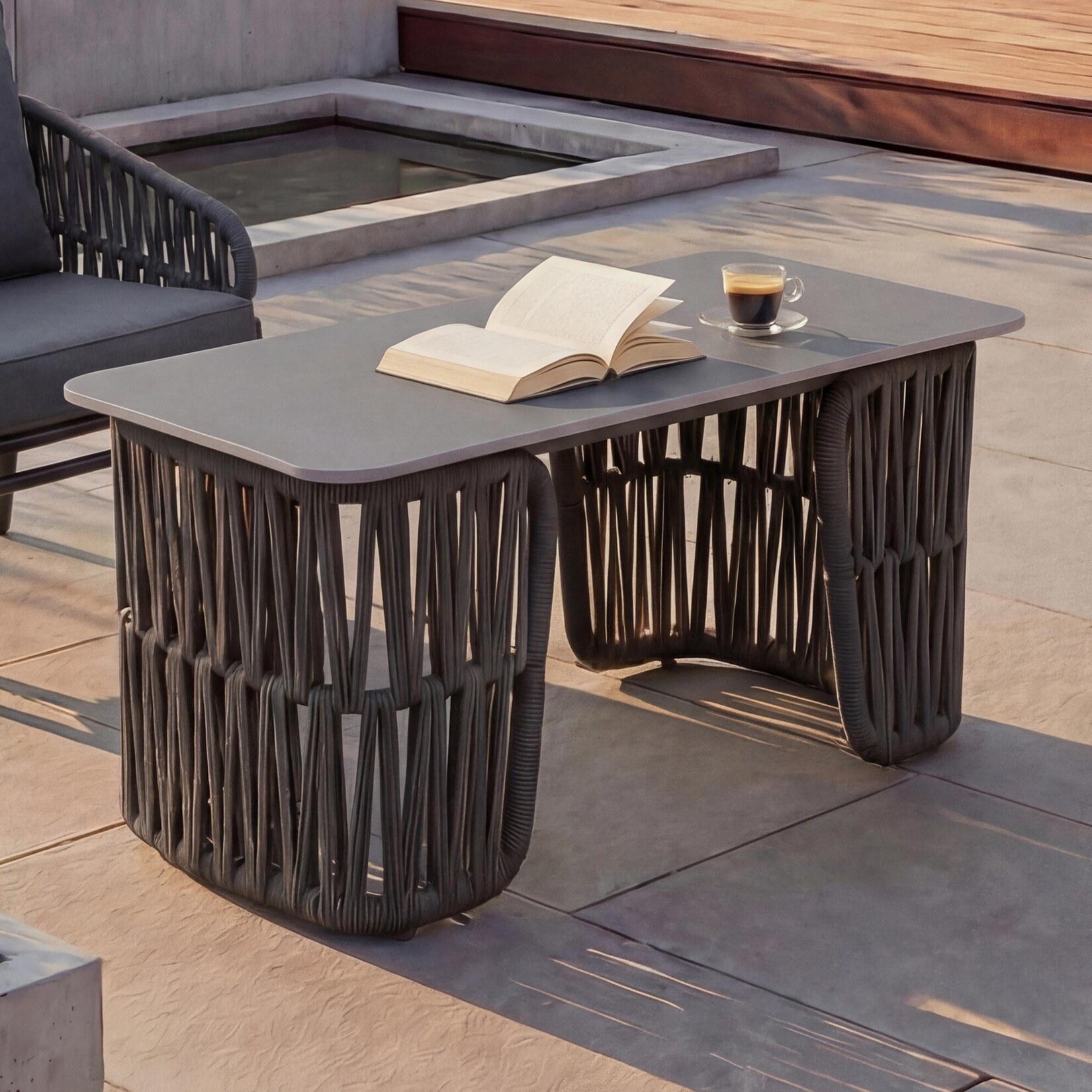 Loungetisch -P90, Gartentisch Balkontisch Outdoor, Seilgeflecht Rope Sinterstein 43x90x45cm ~ anthrazit, Platte grau