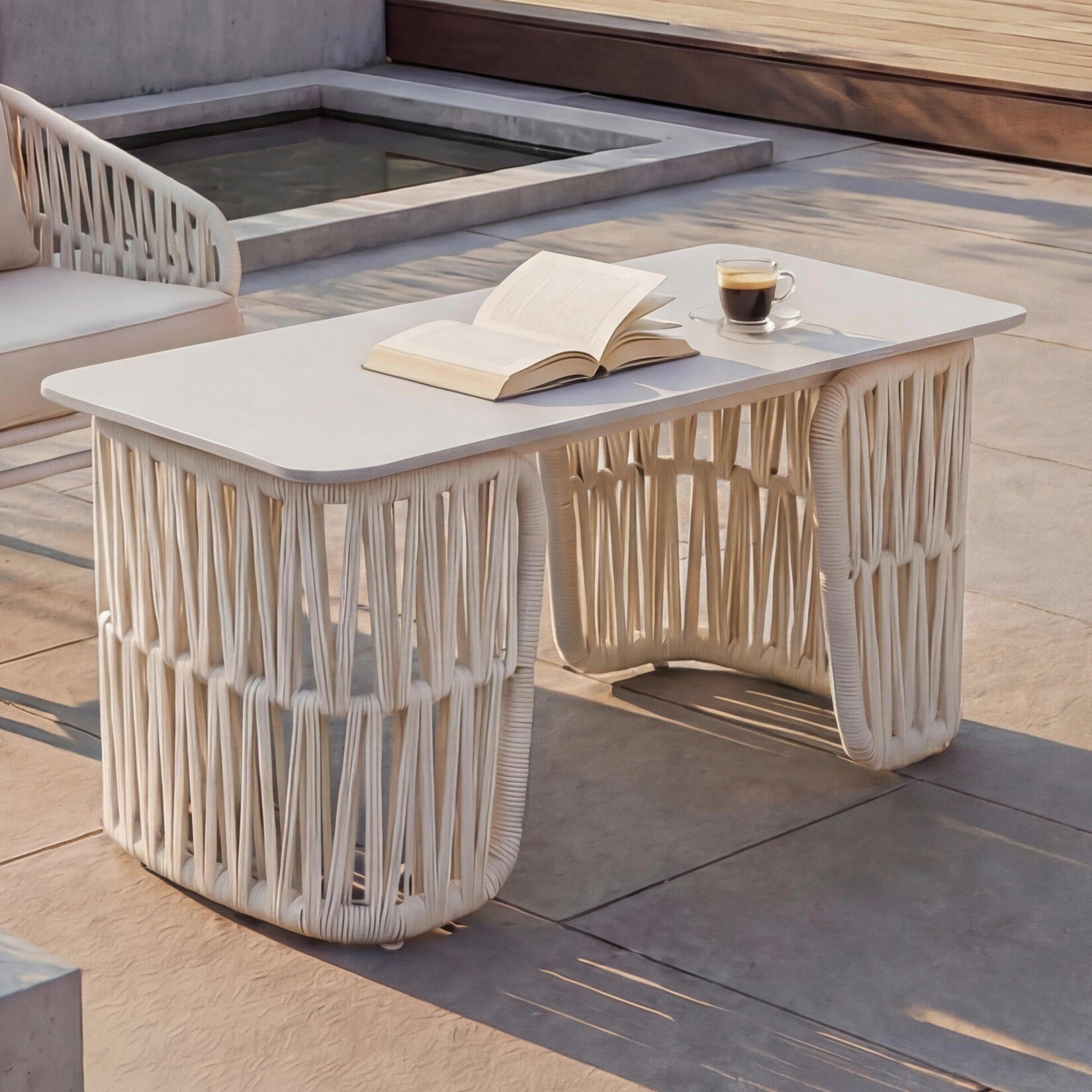Loungetisch -P90, Gartentisch Balkontisch Outdoor, Seilgeflecht Rope Sinterstein 43x90x45cm ~ creme, Platte creme
