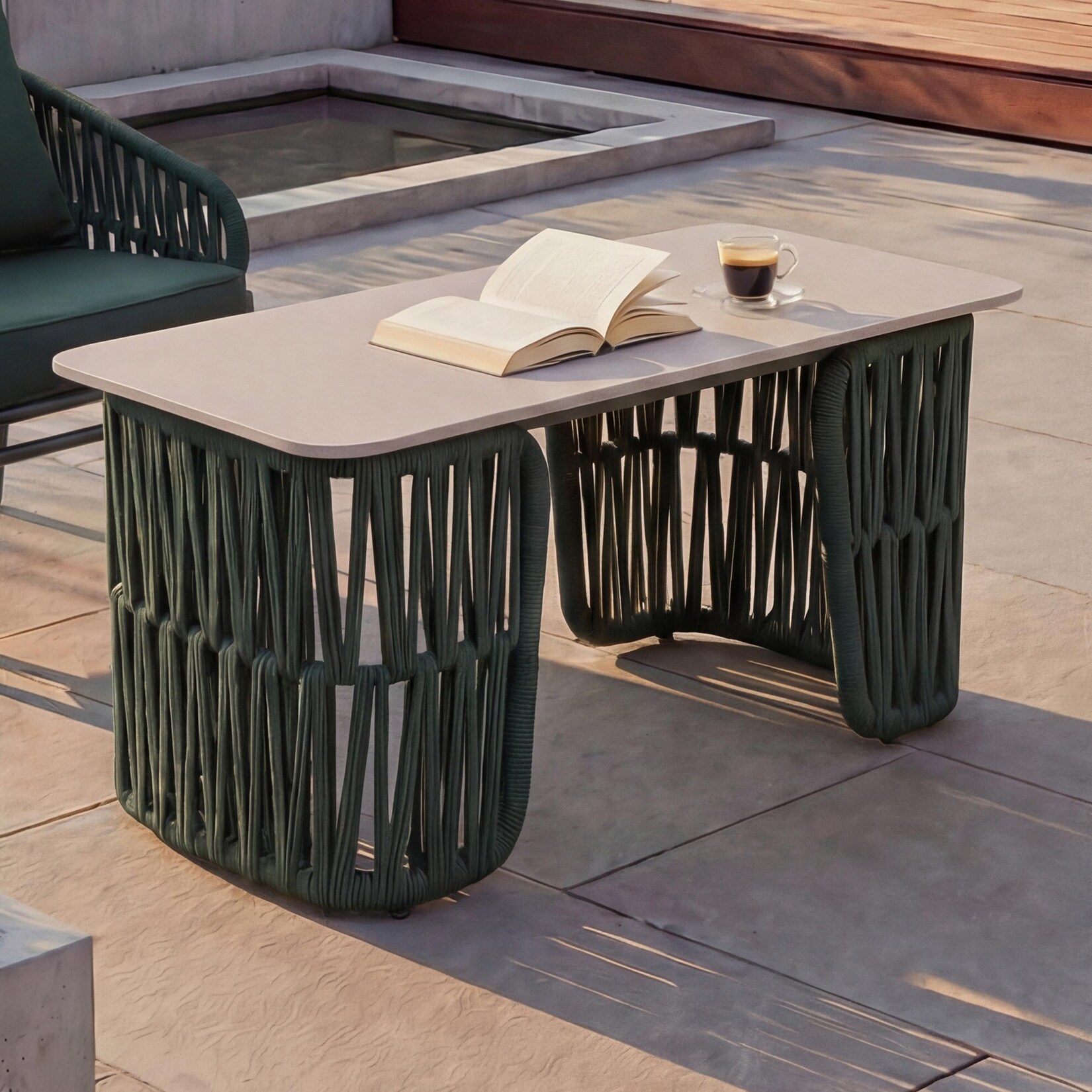 Loungetisch -P90, Gartentisch Balkontisch Outdoor, Seilgeflecht Rope Sinterstein 43x90x45cm ~ grün, Platte creme