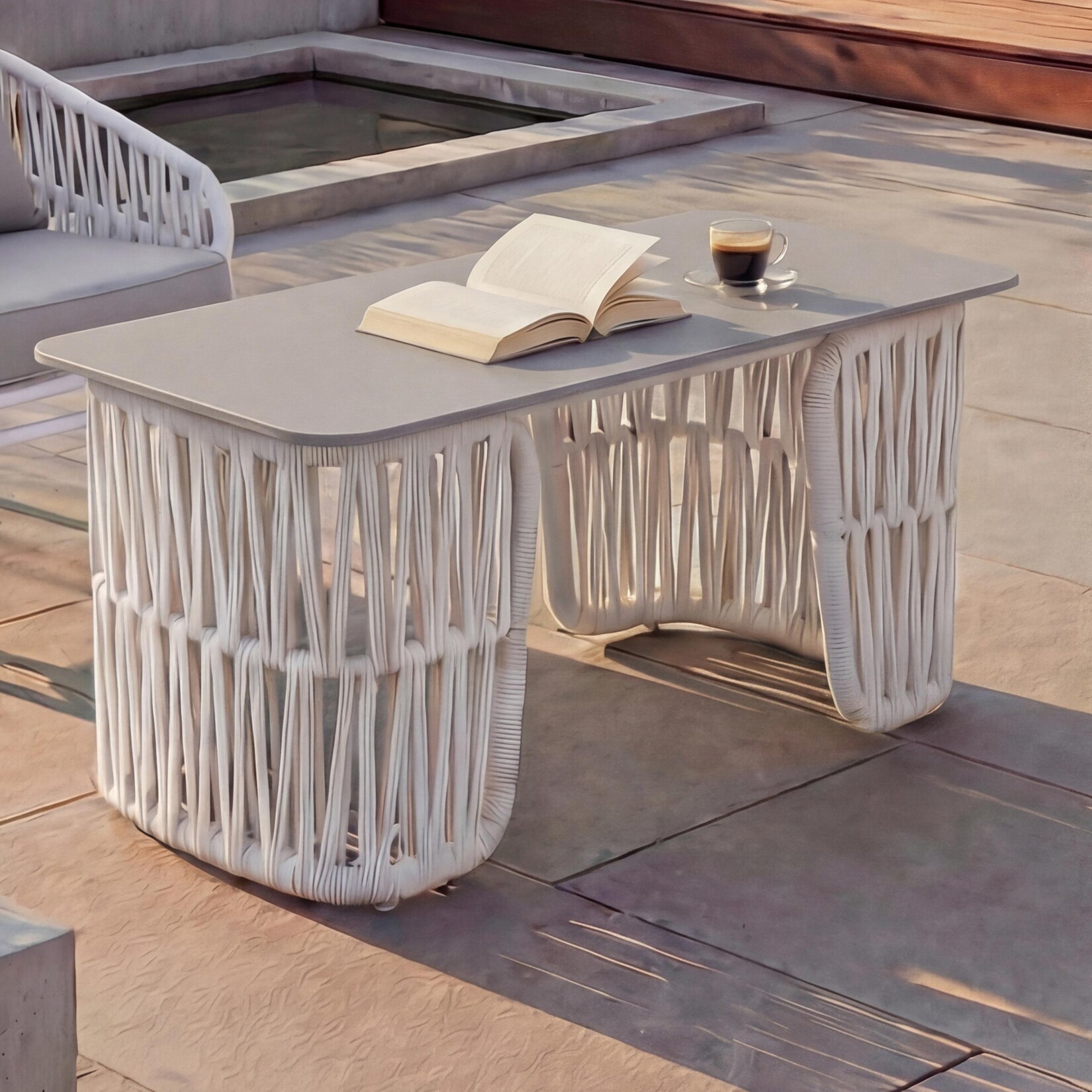 Loungetisch -P90, Gartentisch Balkontisch Outdoor, Seilgeflecht Rope Sinterstein 43x90x45cm ~ hellgrau, Platte grau