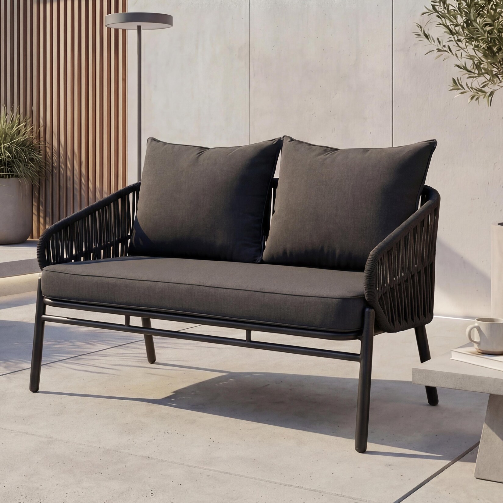 Aluminium-Gartenbank -P90, Gartensofa Outdoor Sitzbank, Seilgeflecht Rope Stoff/Textil (/m²) ~ anthrazit