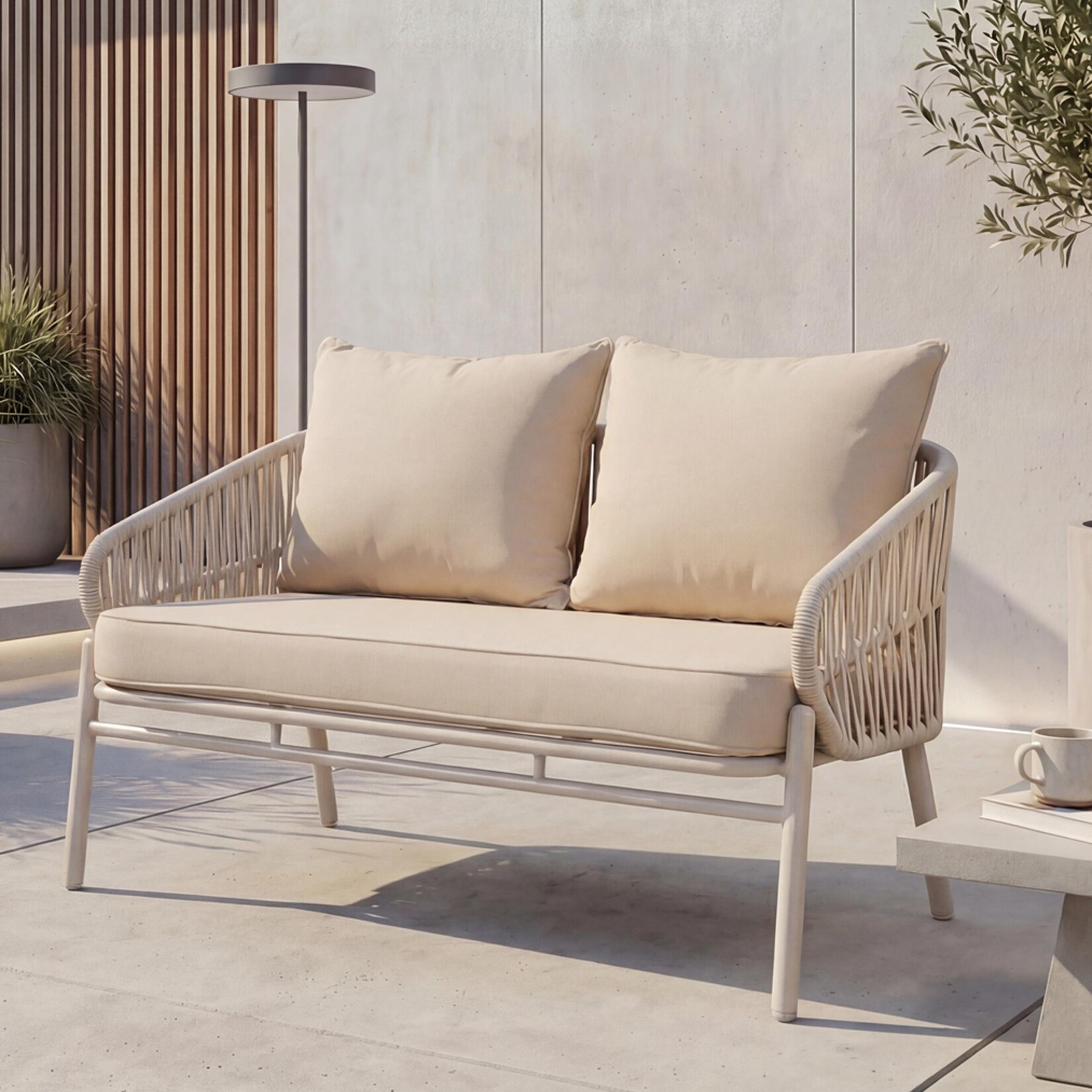 Aluminium-Gartenbank -P90, Gartensofa Sitzbank Outdoor, Seilgeflecht Rope Stoff/Textil (/m²) ~ creme