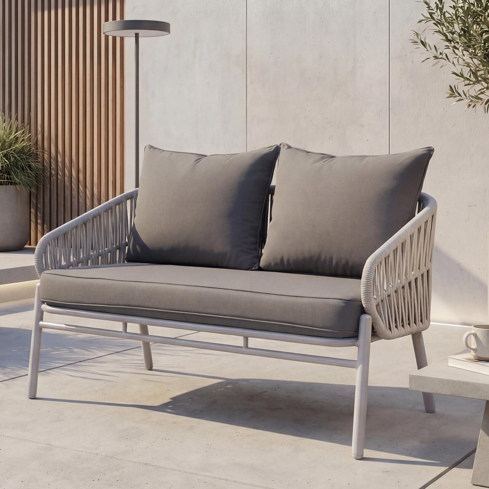 Aluminium-Gartenbank -P90, Gartensofa Outdoor Sitzbank, Seilgeflecht Rope Stoff/Textil (/m²) ~ hellgrau