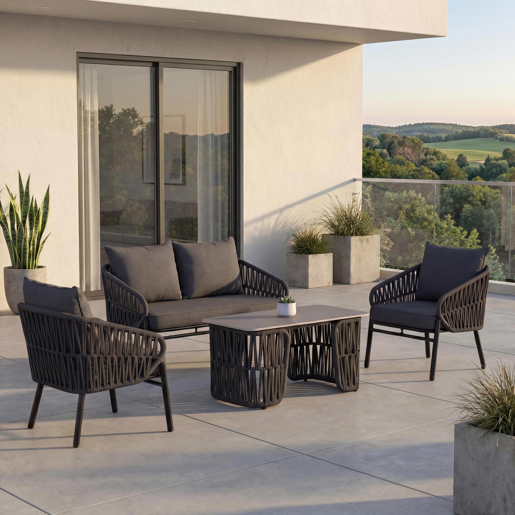 Gartengarnitur -P90, Lounge-Set Gartenlounge Sofa Sessel Tisch, Seilgeflecht Rope Stoff/Textil (/m²) ~ anthrazit