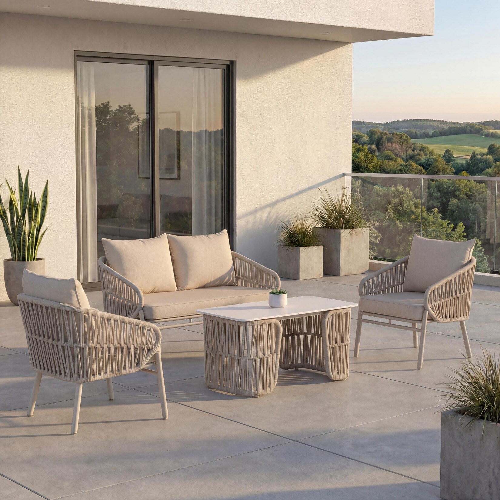 Gartengarnitur -P90, Lounge-Set Gartenlounge Sofa Sessel Tisch, Seilgeflecht Rope Stoff/Textil (/m²) ~ creme