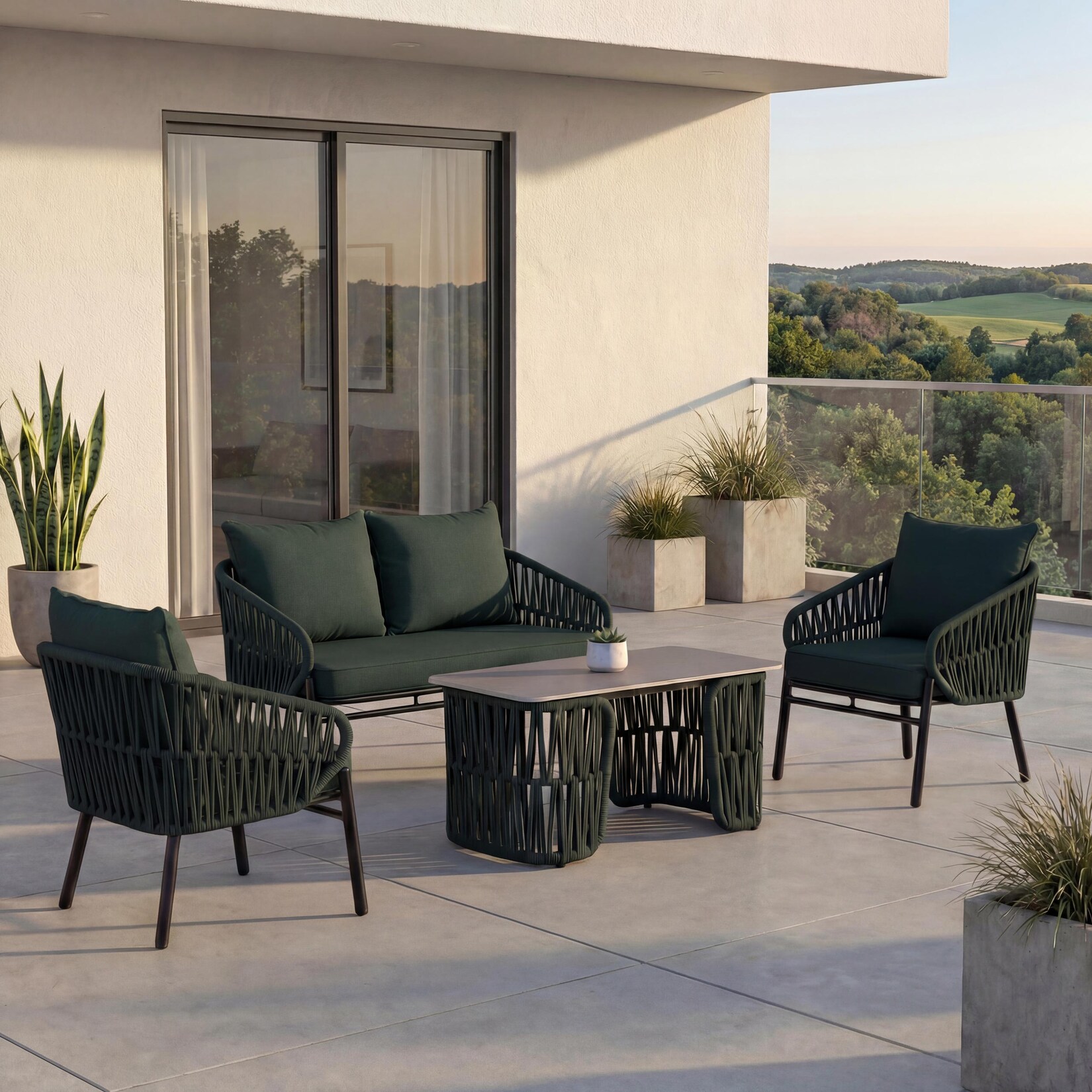 Gartengarnitur -P90, Lounge-Set Gartenlounge Sofa Sessel Tisch, Seilgeflecht Rope Stoff/Textil (/m²) ~ grün