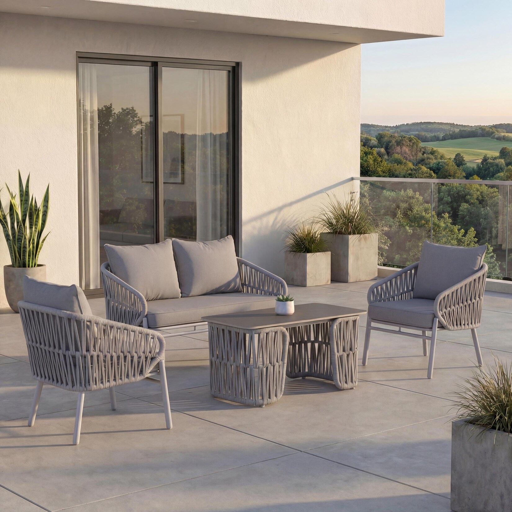 Gartengarnitur -P90, Lounge-Set Gartenlounge Sofa Sessel Tisch, Seilgeflecht Rope Stoff/Textil (/m²) ~ hellgrau