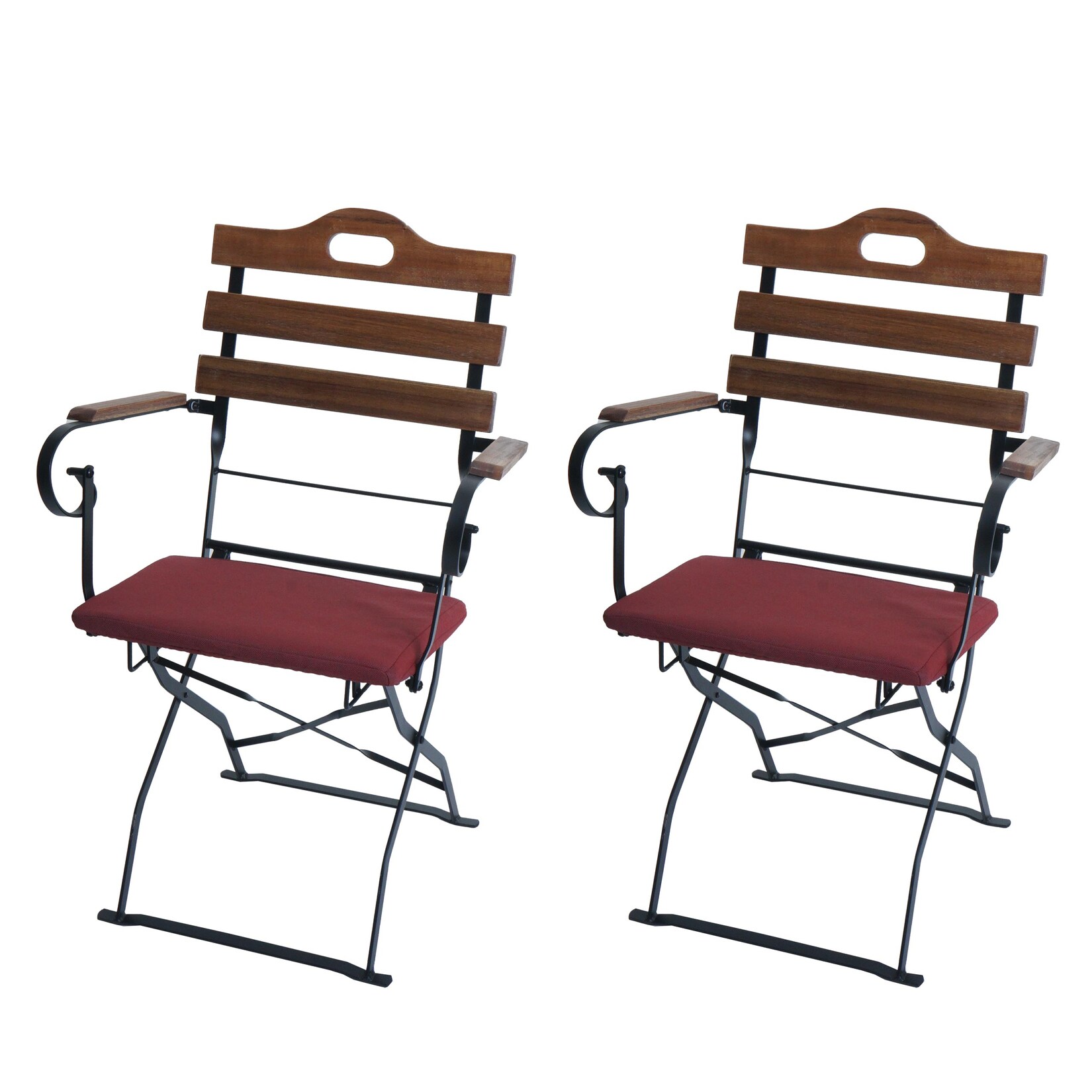 2er-Set Biergartenstuhl -J40, Klappstuhl Gartenstuhl, Gastronomie-Qualität Akazie ~ hellbraun, Polster rot