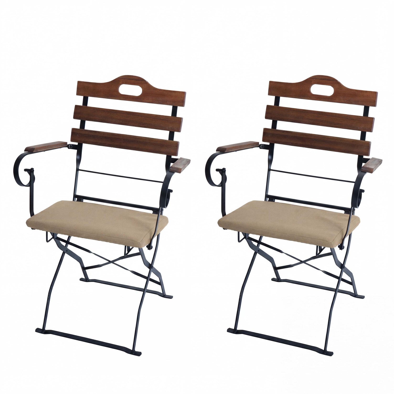 2er-Set Biergartenstuhl -J40, Klappstuhl Gartenstuhl, Gastronomie-Qualität Akazie ~ hellbraun, Polster sandfarben