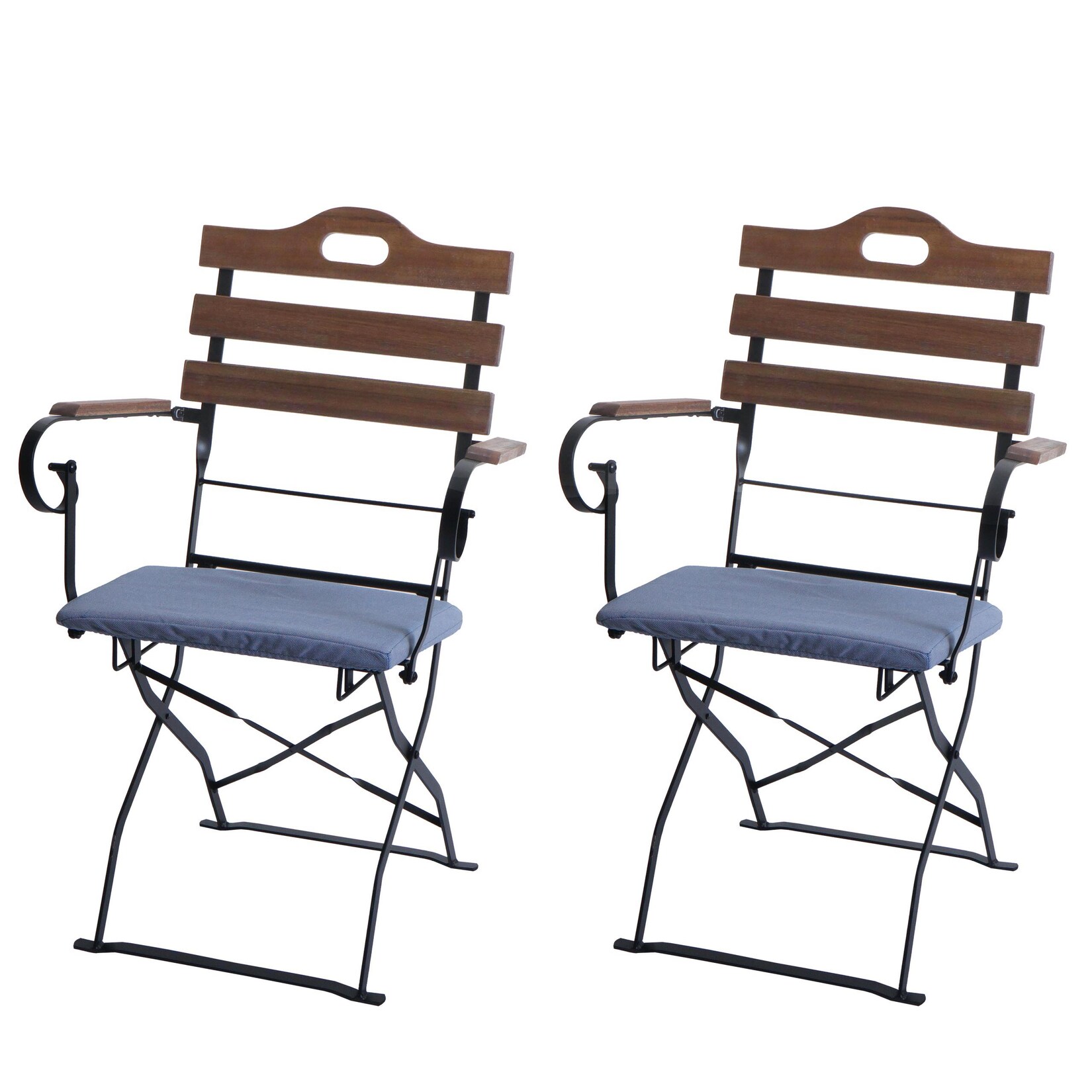 2er-Set Biergartenstuhl -J40, Klappstuhl Gartenstuhl, Gastronomie-Qualität Akazie ~ hellbraun, Polster blau