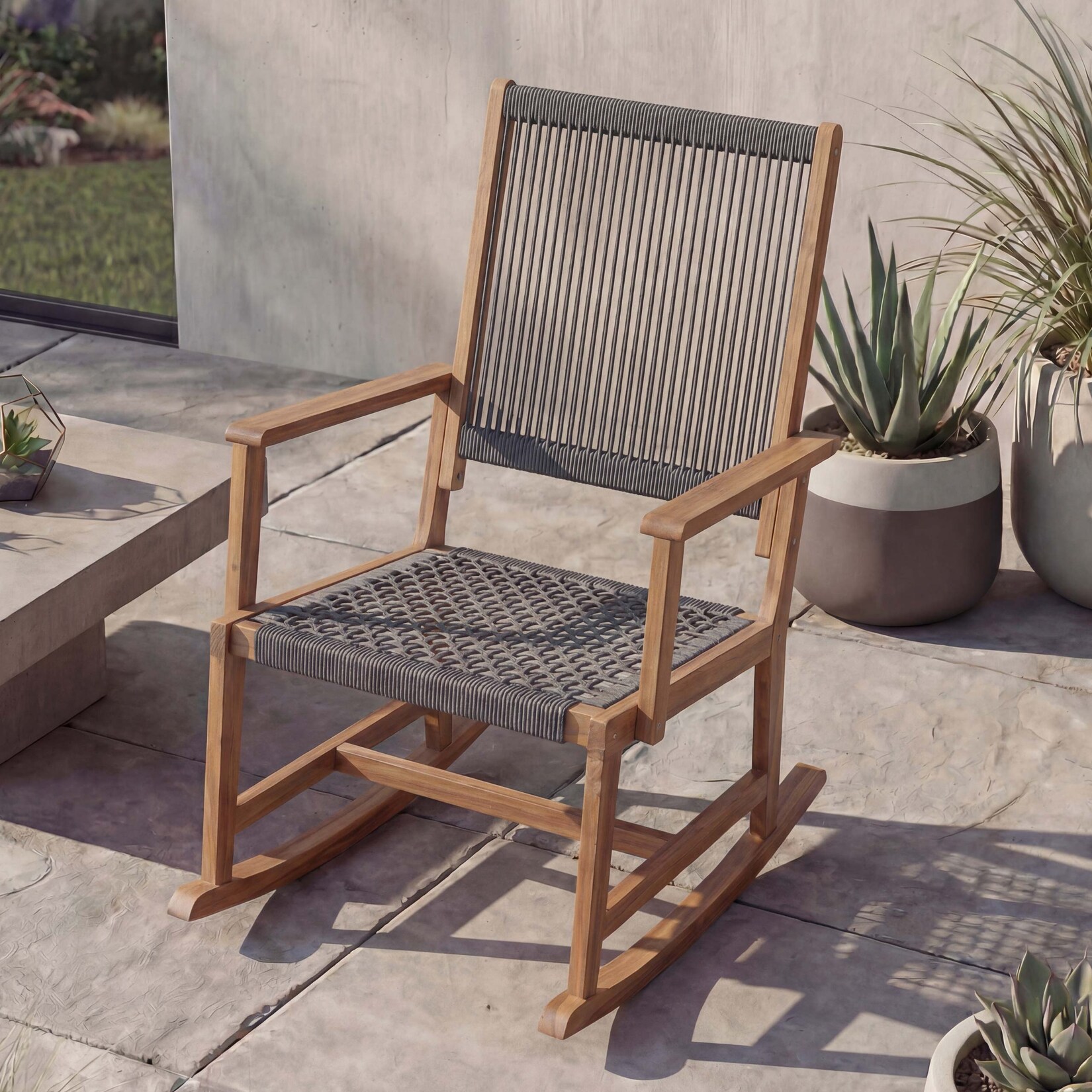 Schaukelstuhl -P73, Garten Outdoor Wippstuhl Relaxstuhl Schaukelliege, Akazie Holz Rope Seilgeflecht ~ grau