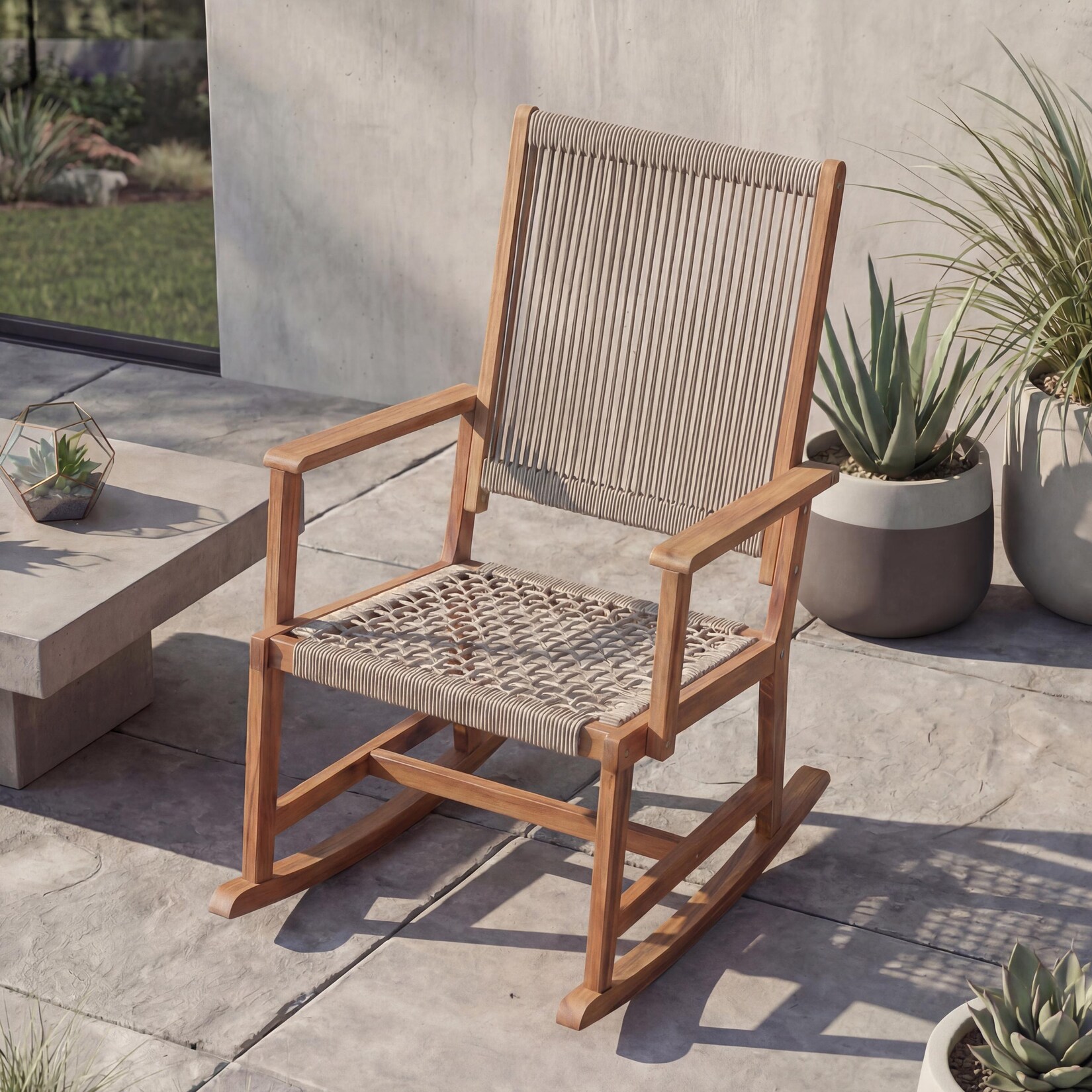 Schaukelstuhl -P73, Garten Outdoor Wippstuhl Relaxstuhl Schaukelliege, Akazie Holz Rope Seilgeflecht ~ beige