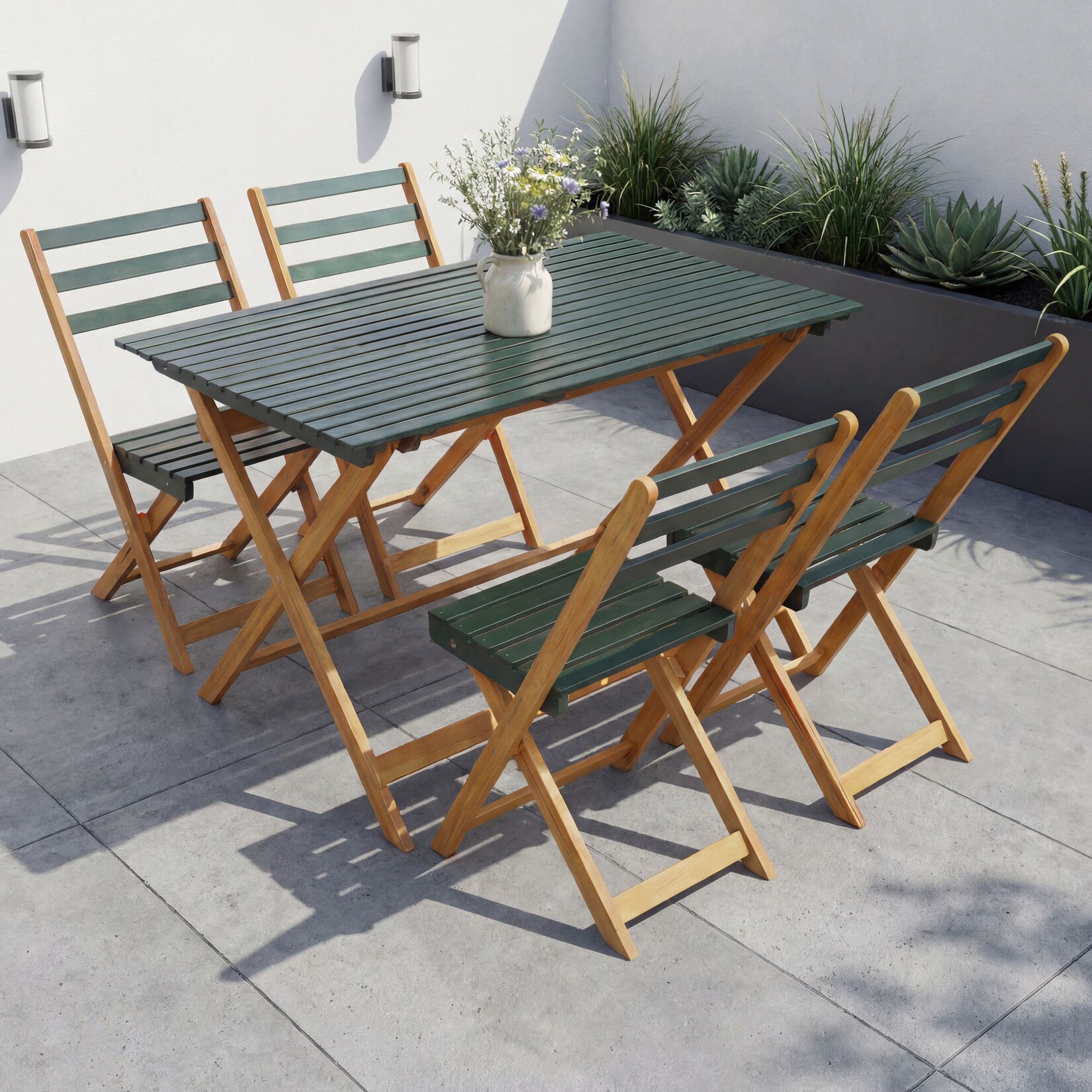 Garnitur -P72, Sitzgruppe Lounge-Set Garten 4x Stuhl Tisch, Akazie Holz klappbar ~ natur-grün