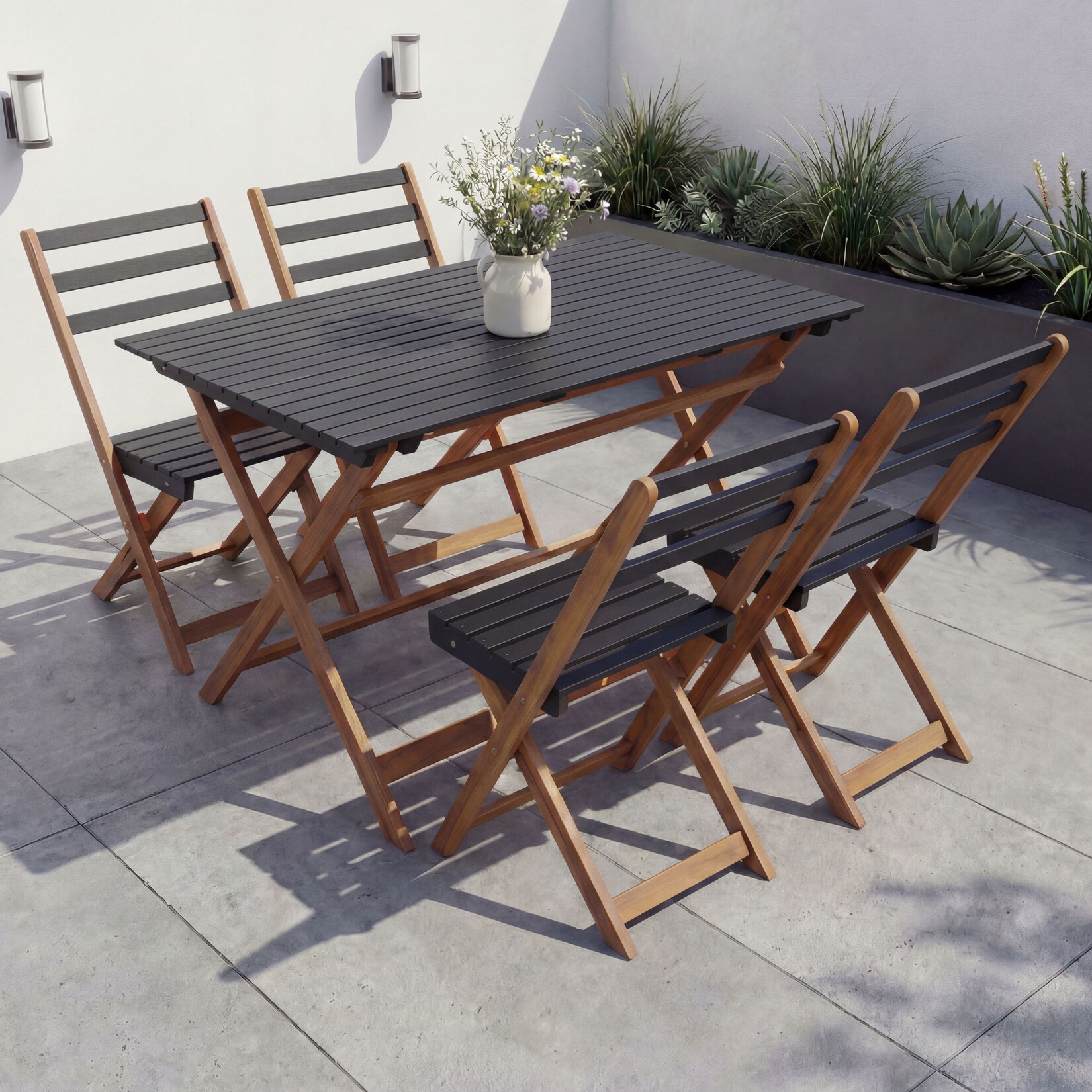 Garnitur -P72, Sitzgruppe Lounge-Set Garten 4x Stuhl Tisch, Akazie Holz klappbar ~ natur-schwarz