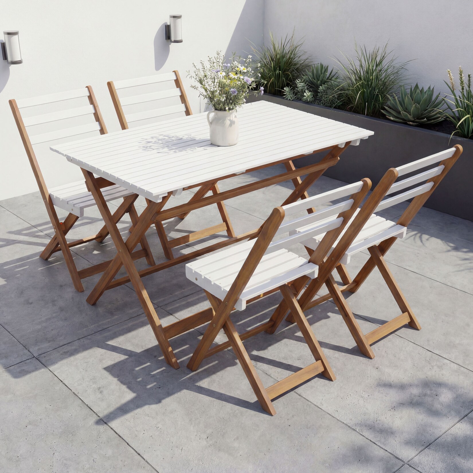 Garnitur -P72, Sitzgruppe Lounge-Set Garten 4x Stuhl Tisch, Akazie Holz klappbar ~ natur-weiß