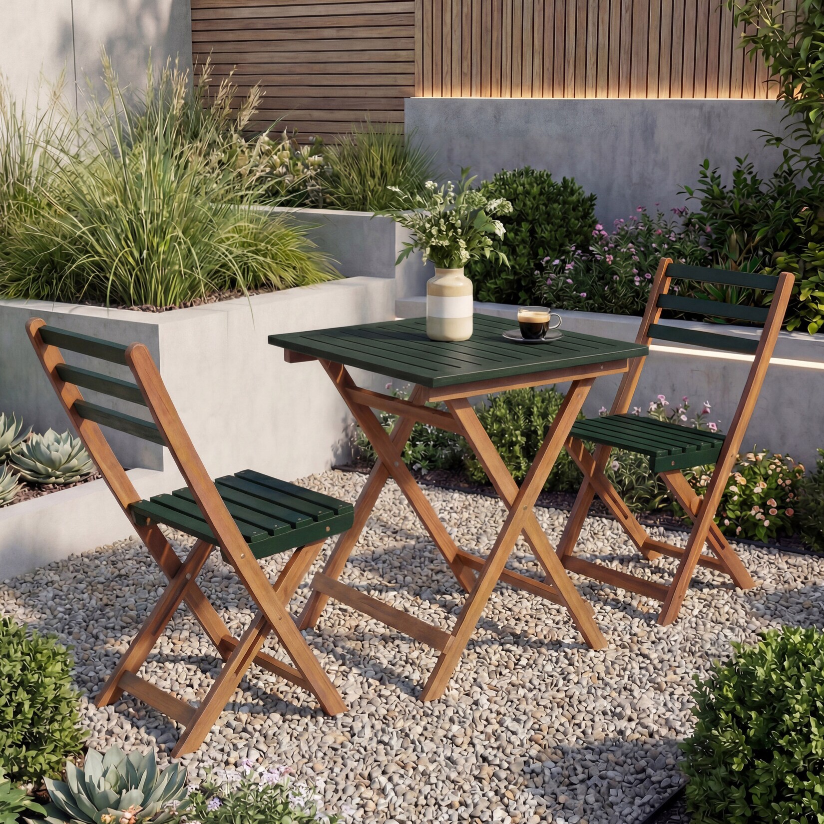 Garnitur -P71, Sitzgruppe Lounge-Set Garten 2x Stuhl Tisch, Akazie Holz klappbar ~ natur-grün