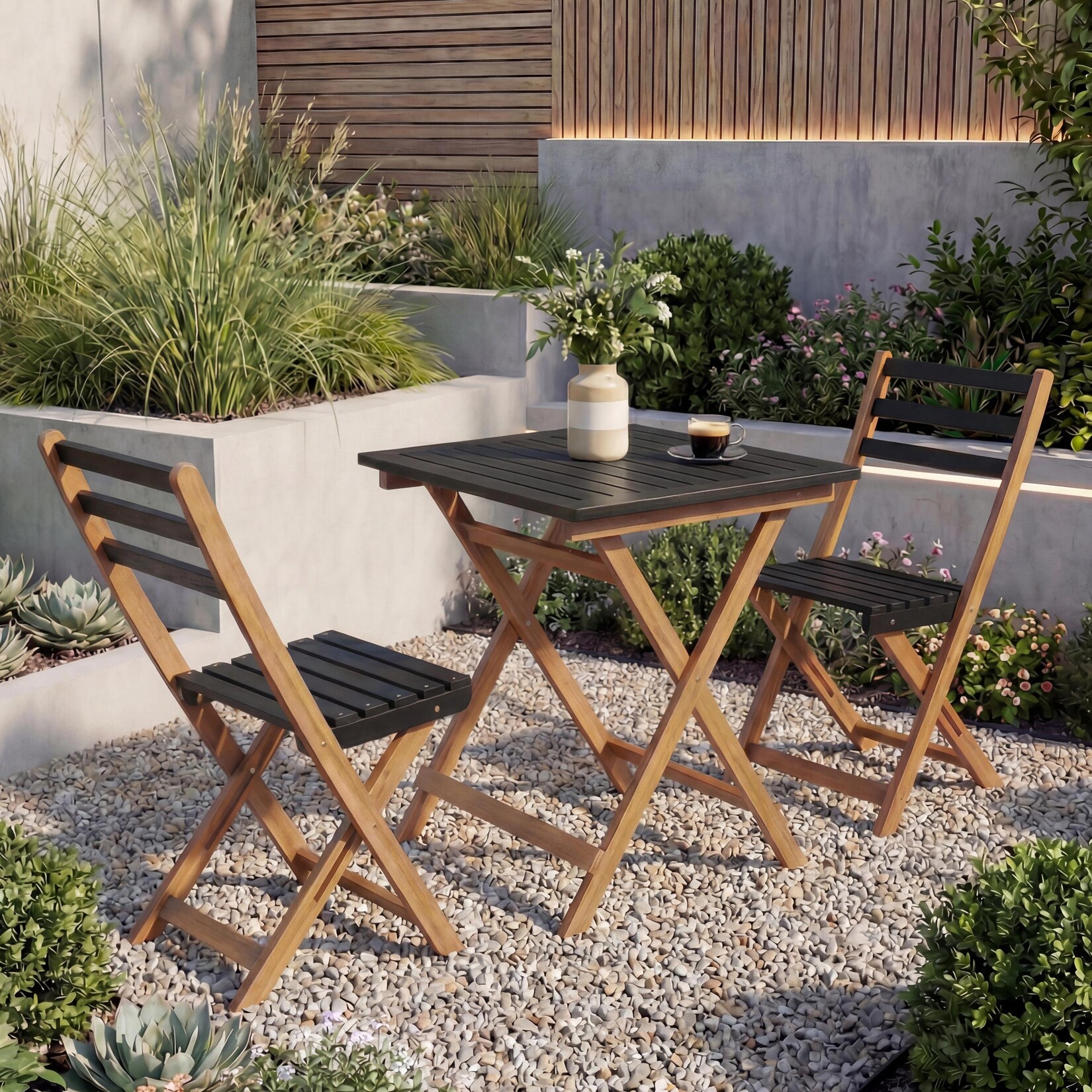 Garnitur -P71, Sitzgruppe Lounge-Set Garten 2x Stuhl Tisch, Akazie Holz klappbar ~ natur-schwarz