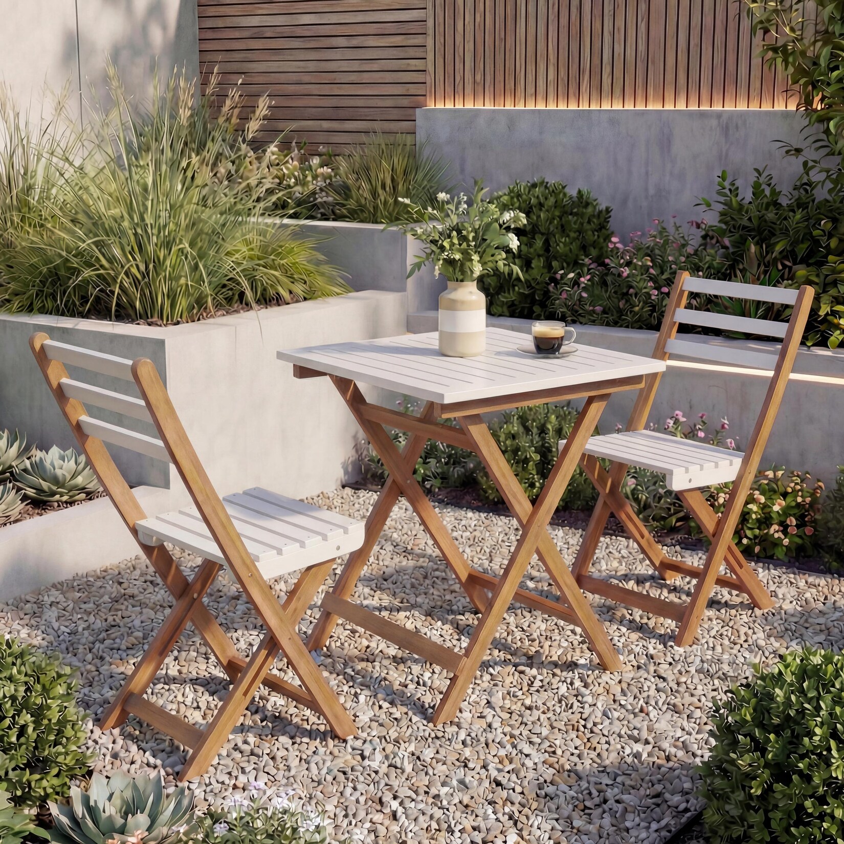 Garnitur -P71, Sitzgruppe Lounge-Set Garten 2x Stuhl Tisch, Akazie Holz klappbar ~ natur-weiß