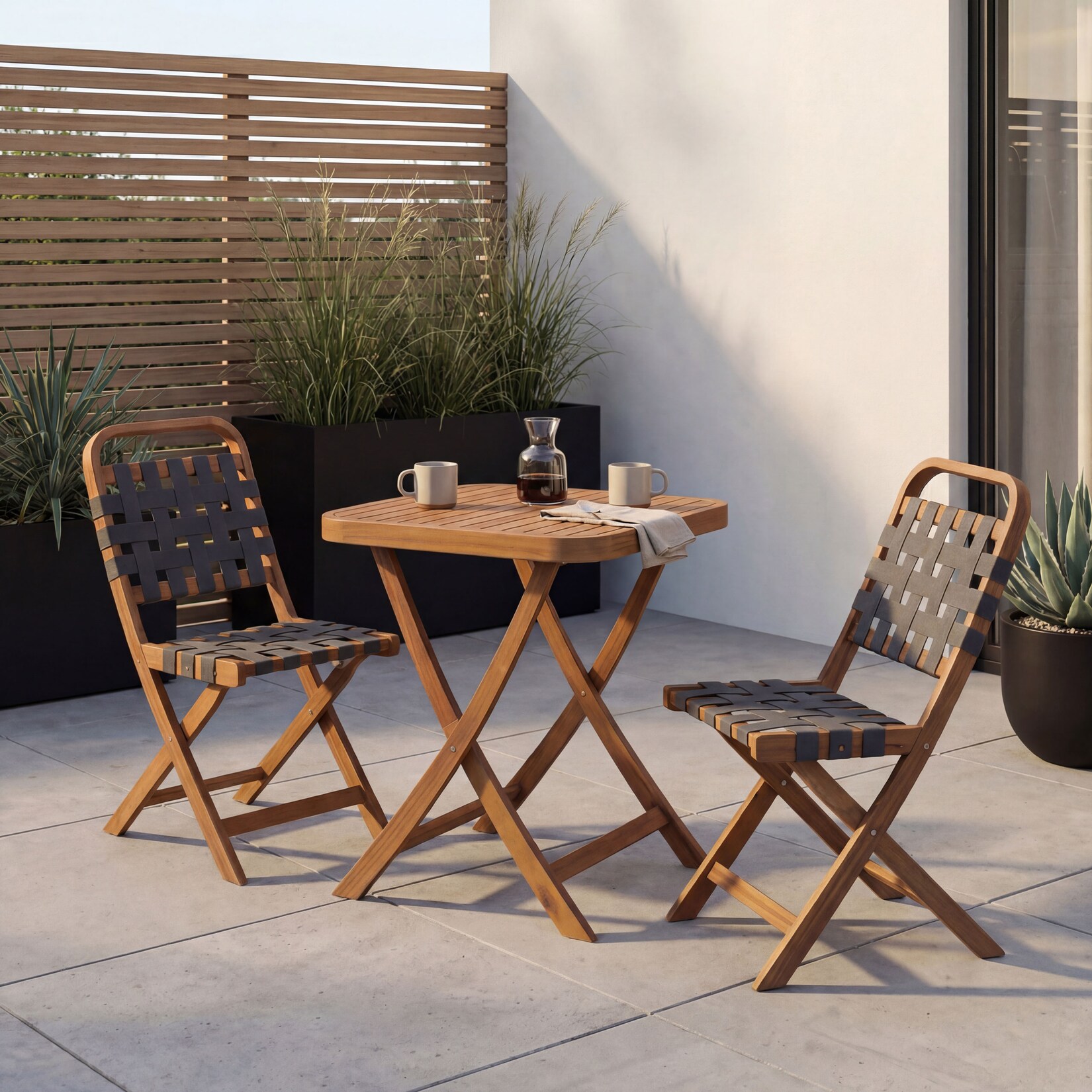 Garten-Set -P70, Sitzgruppe Balkon-Set Garnitur 2x Stuhl Tisch, Seilgeflecht Akazie Holz klappbar ~ natur, grau