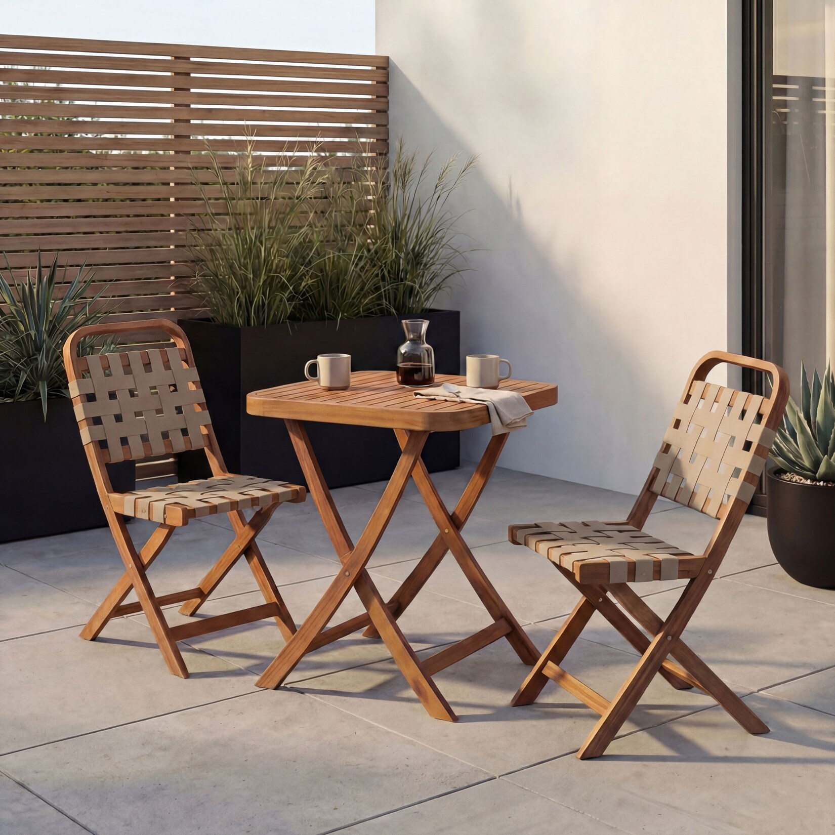 Garten-Set -P70, Sitzgruppe Balkon-Set Garnitur 2x Stuhl Tisch, Seilgeflecht Akazie Holz klappbar ~ natur, creme