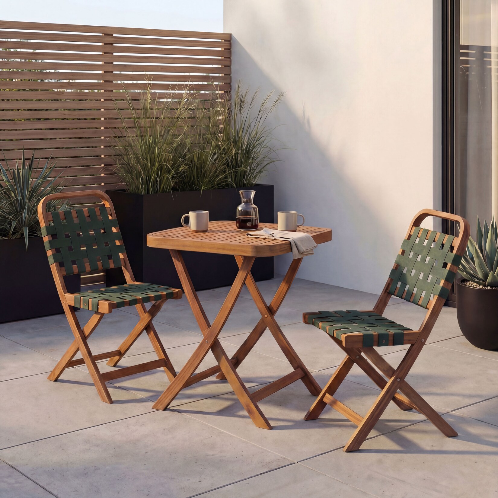 Garten-Set -P70, Sitzgruppe Balkon-Set Garnitur 2x Stuhl Tisch, Seilgeflecht Akazie Holz klappbar ~ natur, grün