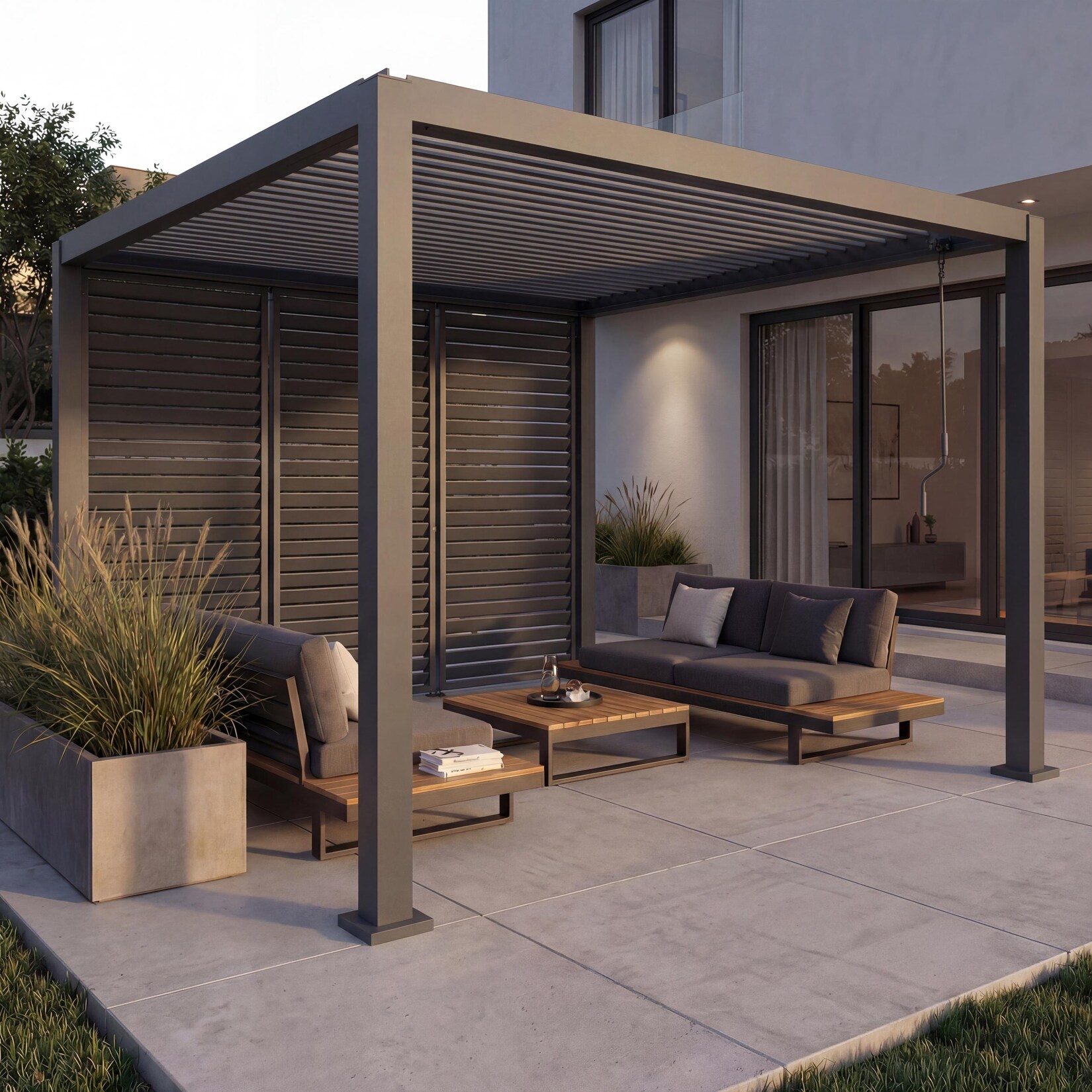 Pergola -P65 mit 3x Lamellenwand, Terrassenüberdachung Garten Lamellen-Pavillon, 10cm-Alu-Gestell 3x3m ~ anthrazit
