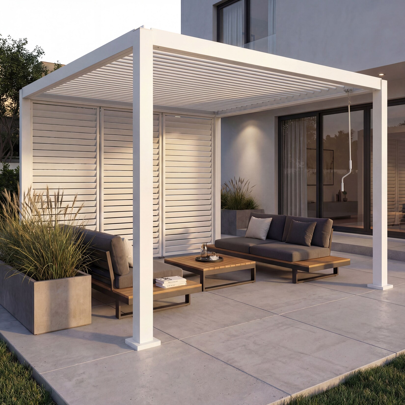 Pergola -P65 mit 3x Lamellenwand, Terrassenüberdachung Garten Lamellen-Pavillon, 10cm-Alu-Gestell 3x3m ~ weiß