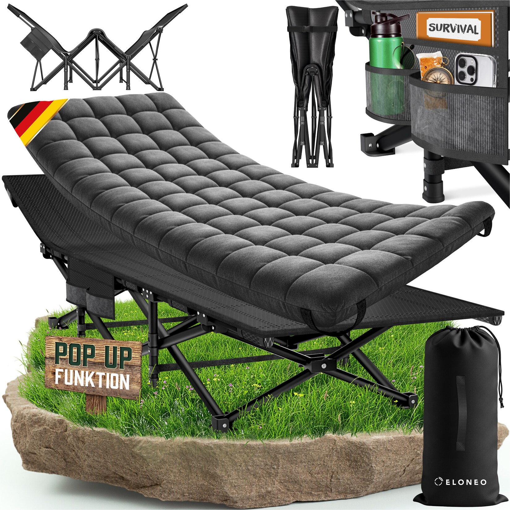 ELONEO Feldbett klappbar mit Premium Auflage, Campingliege bis 200kg belastbar, Anthrazit