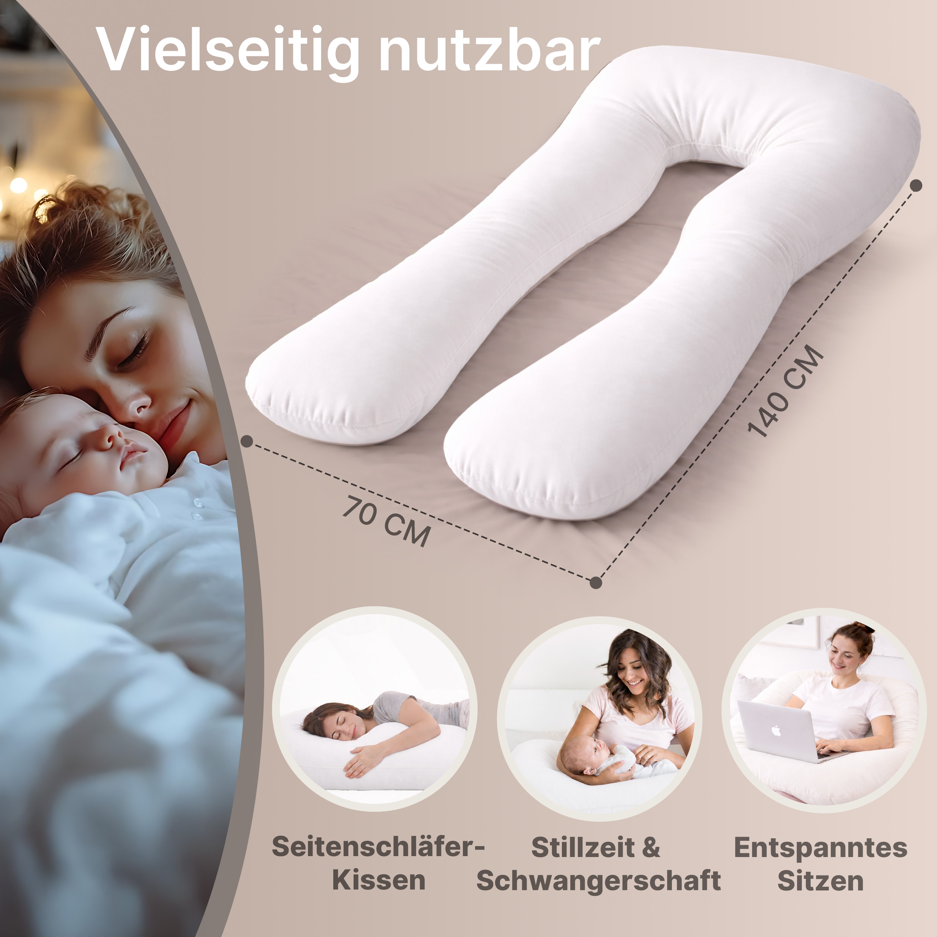 ELONEO Seitenschl&auml;ferkissen mit Bezug, Stillkissen, Schwangerschaftskissen XXL, Wei&szlig; 