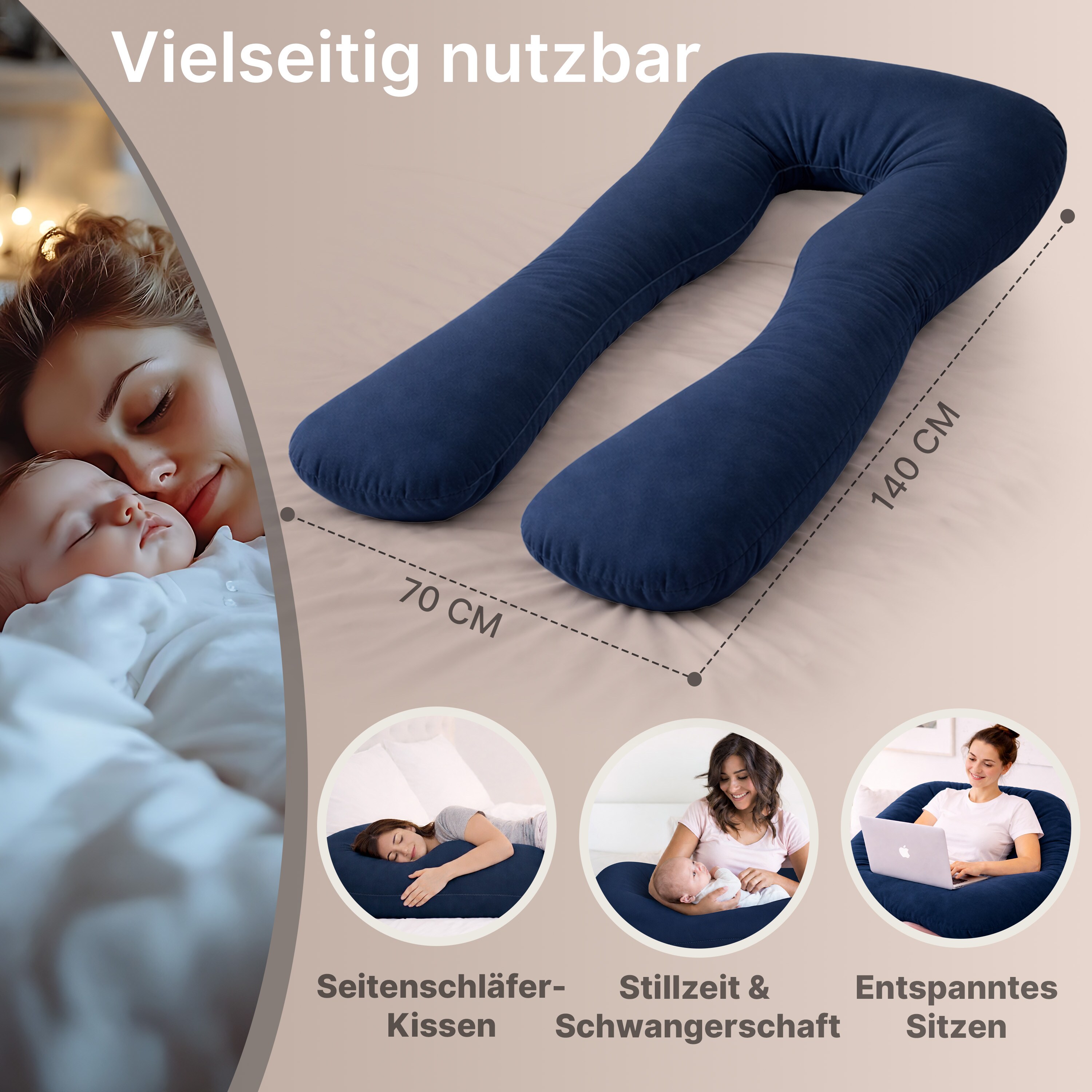 ELONEO Seitenschl&auml;ferkissen mit Bezug, Stillkissen, Schwangerschaftskissen XXL, Blau 