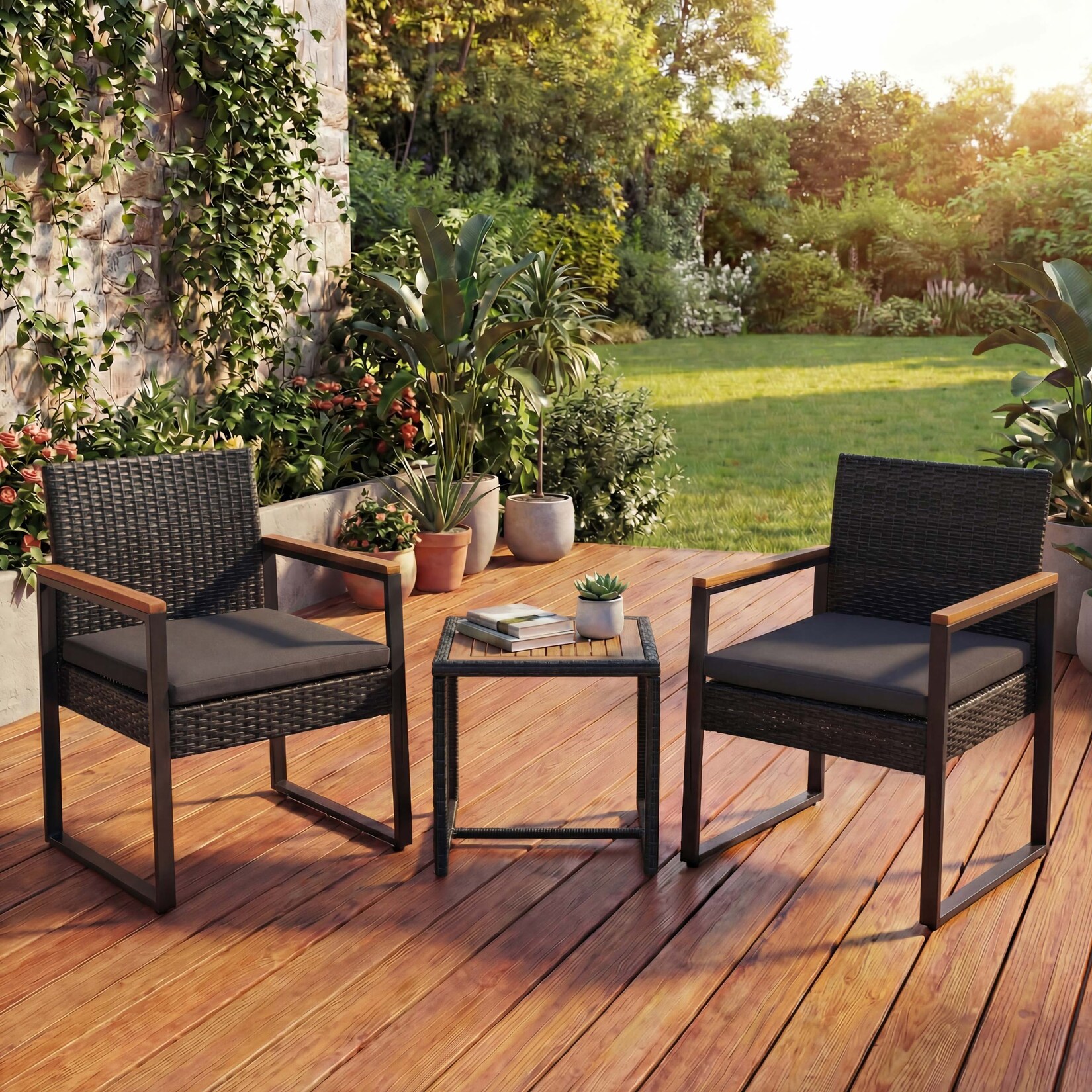 Poly-Rattan Garnitur -P74, Lounge-Set Garten 2x Stuhl Tisch, Akazie Holz Stoff /m² ~ schwarz, Polster grau