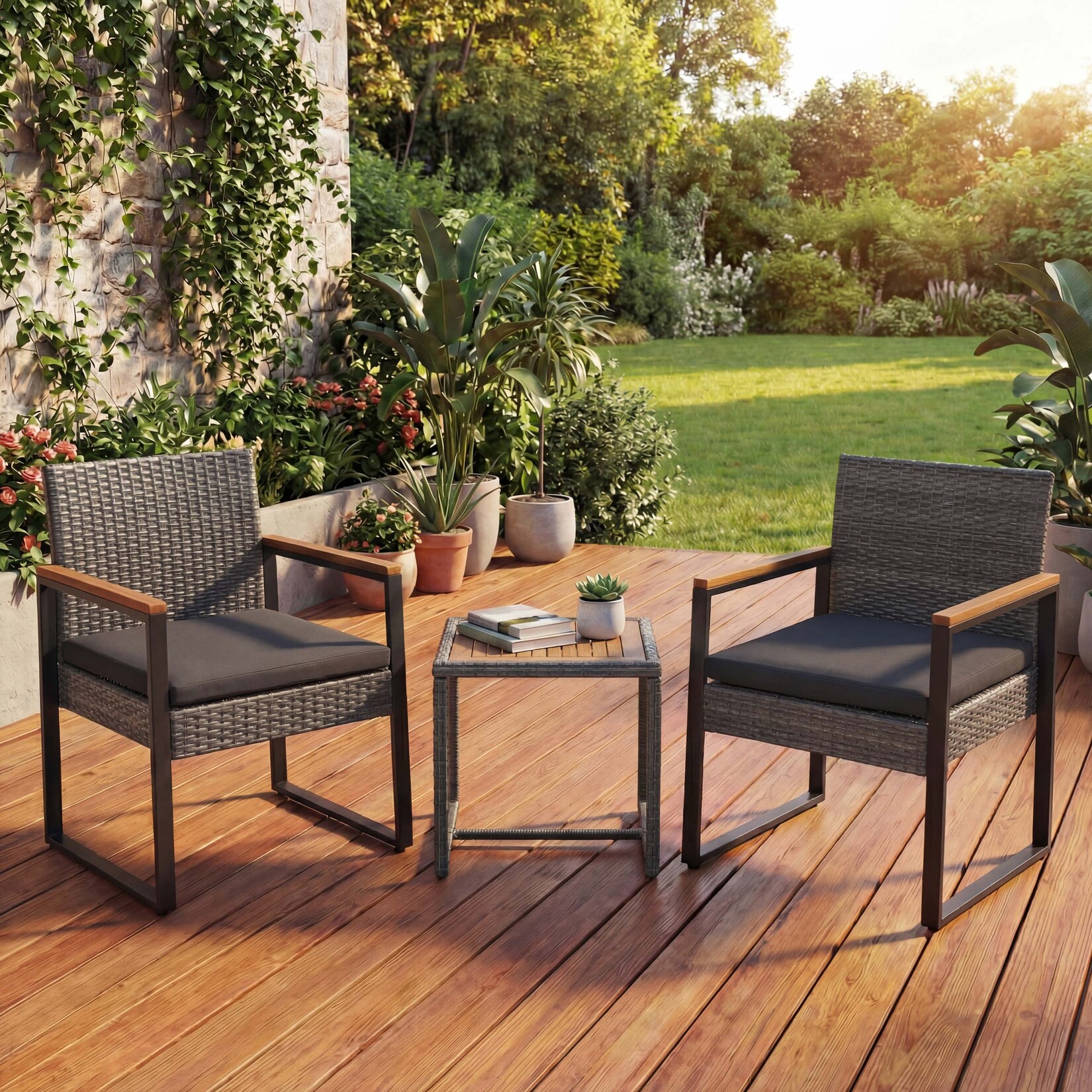 Poly-Rattan Garnitur -P74, Lounge-Set Garten 2x Stuhl Tisch, Akazie Holz Stoff /m² ~ grau, Polster grau