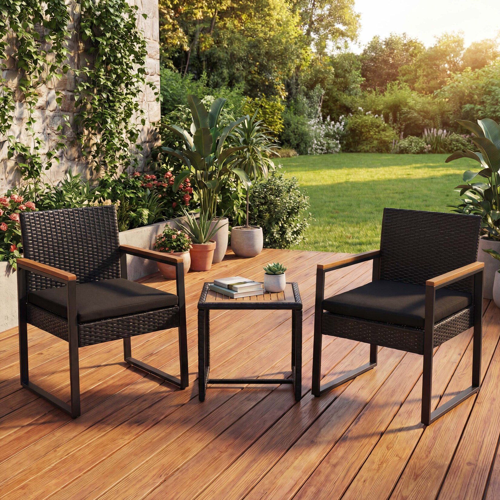 Poly-Rattan Garnitur -P74, Lounge-Set Garten 2x Stuhl Tisch, Akazie Holz Stoff /m² ~ schwarz, Polster schwarz