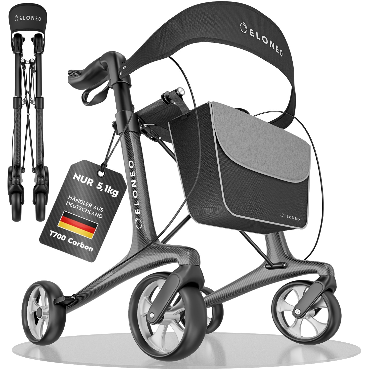 ELONEO Carbon Rollator faltbar und leicht mit Sitz, Leichtgewicht-Reiserollator ultraleicht 5,1 kg, Gehhilfe f&uuml;r Senioren 9-fach h&ouml;henverstellbar, mit Tasche, Anthrazit - Gr&ouml;&szlig;e M 