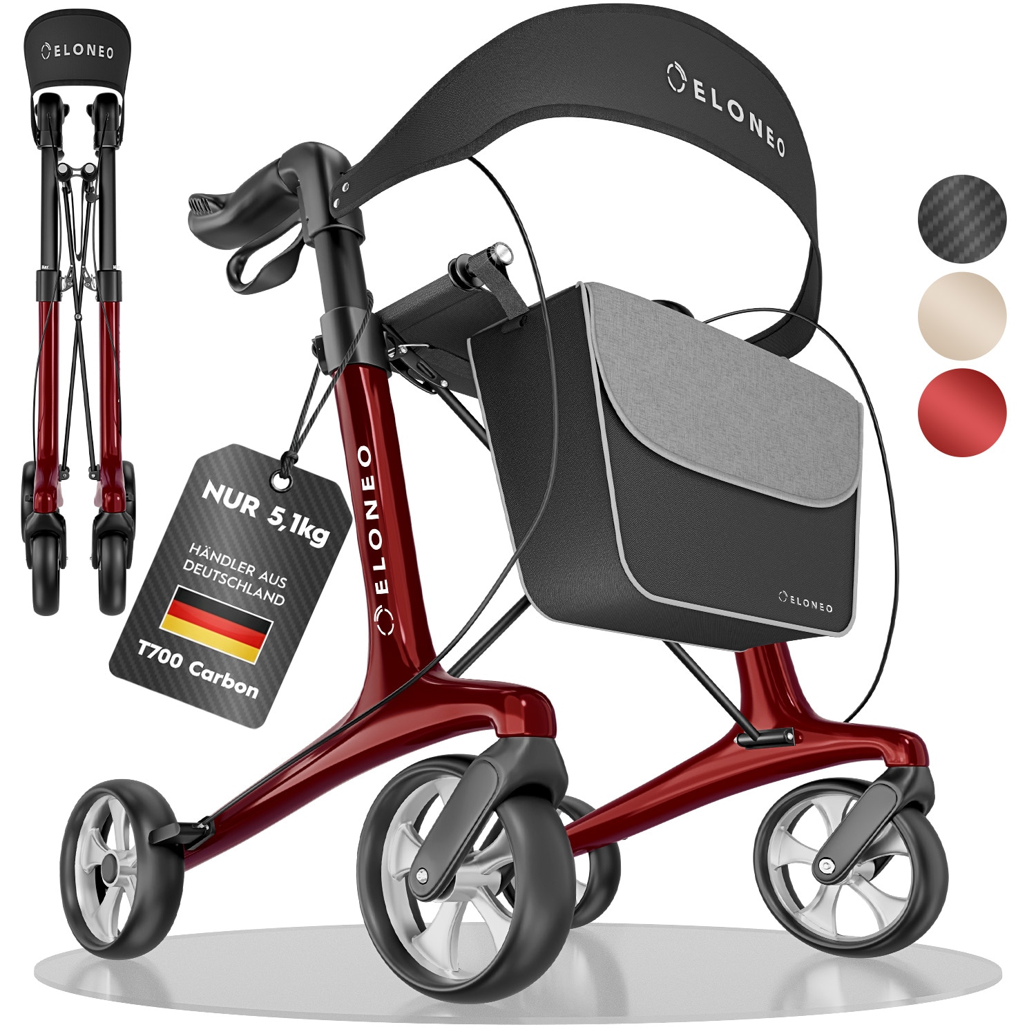 ELONEO Carbon Rollator faltbar und leicht mit Sitz, Leichtgewicht-Reiserollator ultraleicht 5,1 kg, Gehhilfe für Senioren 9-fach höhenverstellbar, mit Tasche, Rot - Größe M