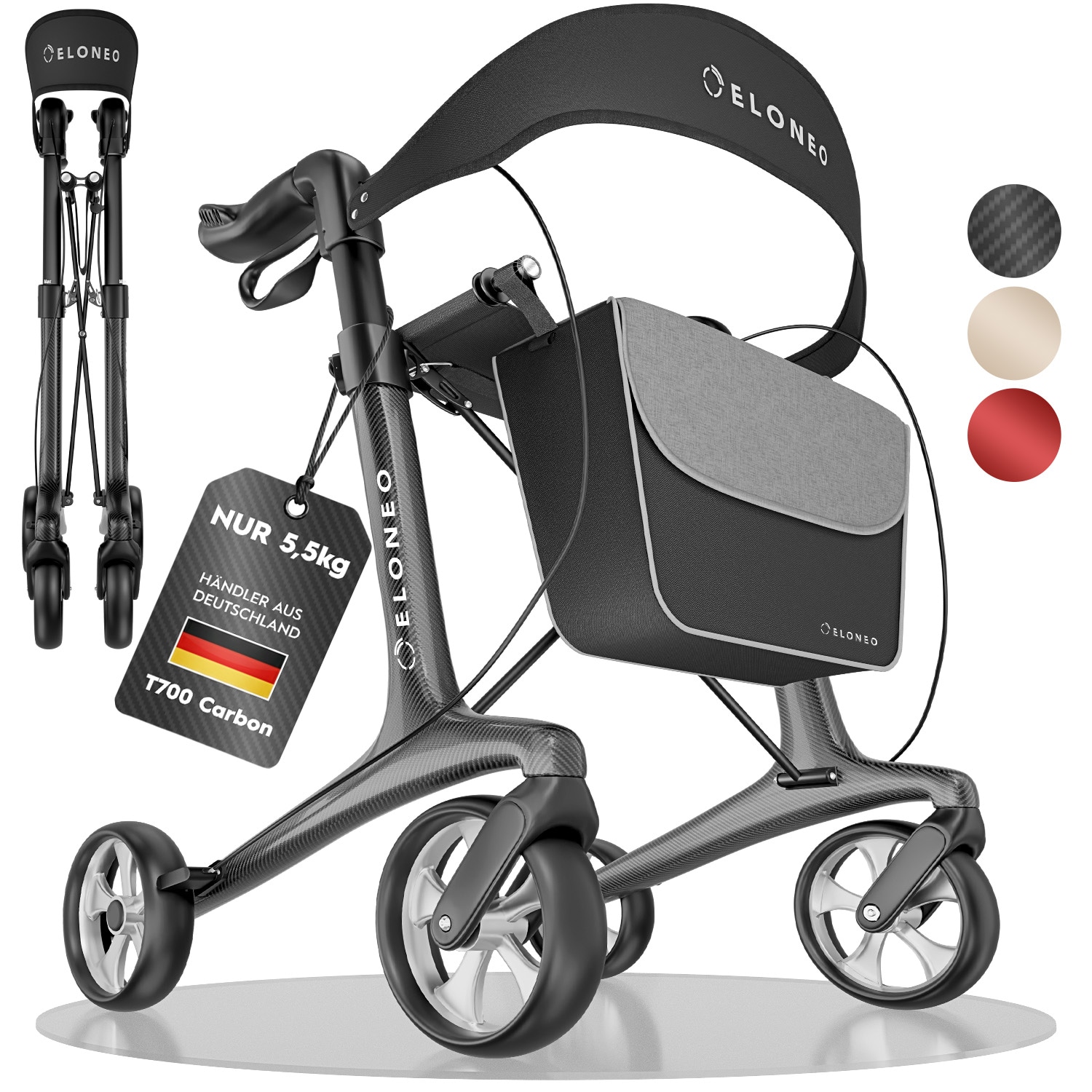 ELONEO Carbon Rollator faltbar und leicht mit Sitz, Leichtgewicht-Reiserollator ultraleicht 5,5 kg, Gehhilfe f&uuml;r Senioren 9-fach h&ouml;henverstellbar, mit Tasche, Anthrazit - Gr&ouml;&szlig;e L 