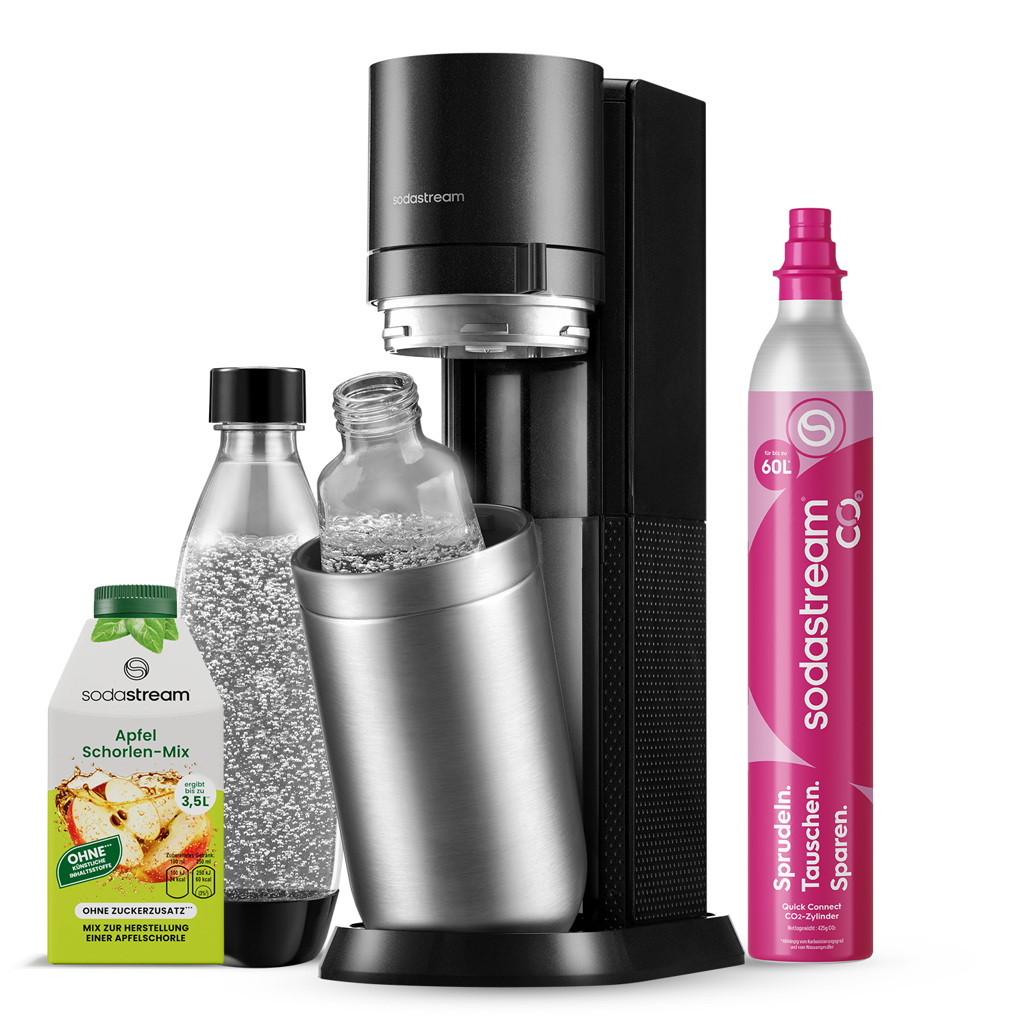 DUO Wassersprudler Titan + Apfelschorlen Mix Virtuelles Bundle (1x Glasfl.  + 1x KSTFL 1L, 1x QC, 1x Apfelschorlen Mix)