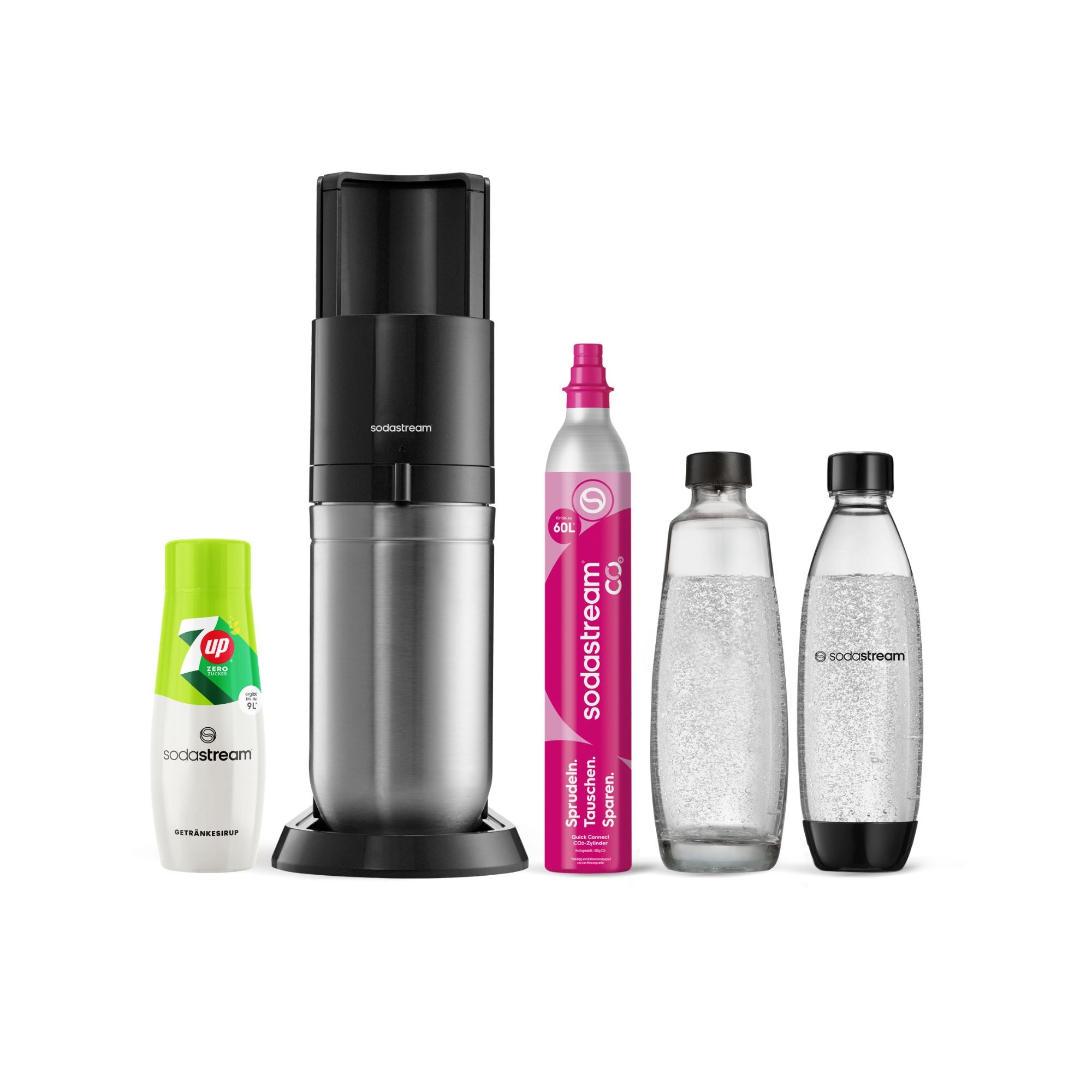 DUO Wassersprudler Titan + 7UP zero Sirup Virtuelles Bundle (1x Glasfl. 1L + 1x KSTFL 1L, 1x QC, 1x 7up Zero) 