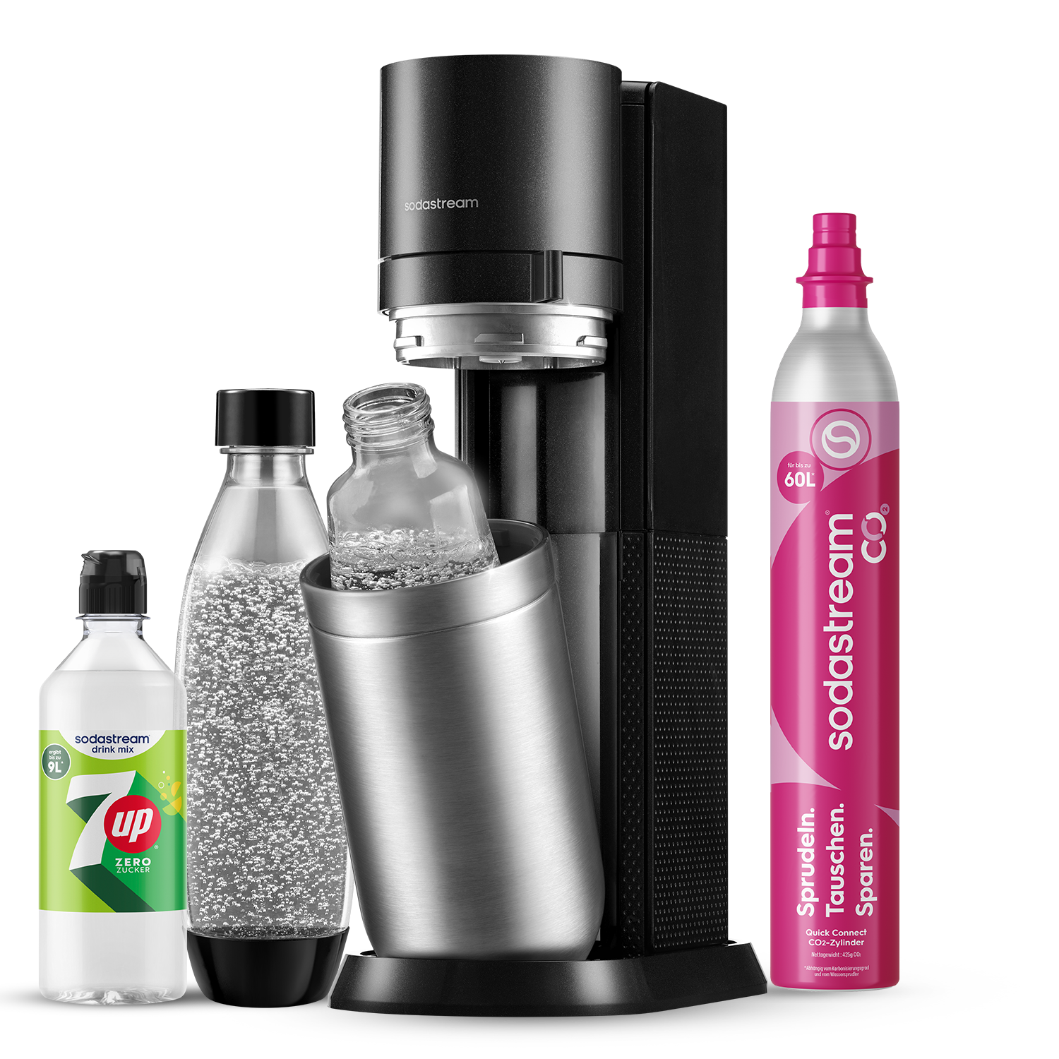 DUO Wassersprudler Titan + 7UP zero Sirup Virtuelles Bundle (1x Glasfl.  + 1x KSTFL 1L, 1x QC, 1x 7up Zero)