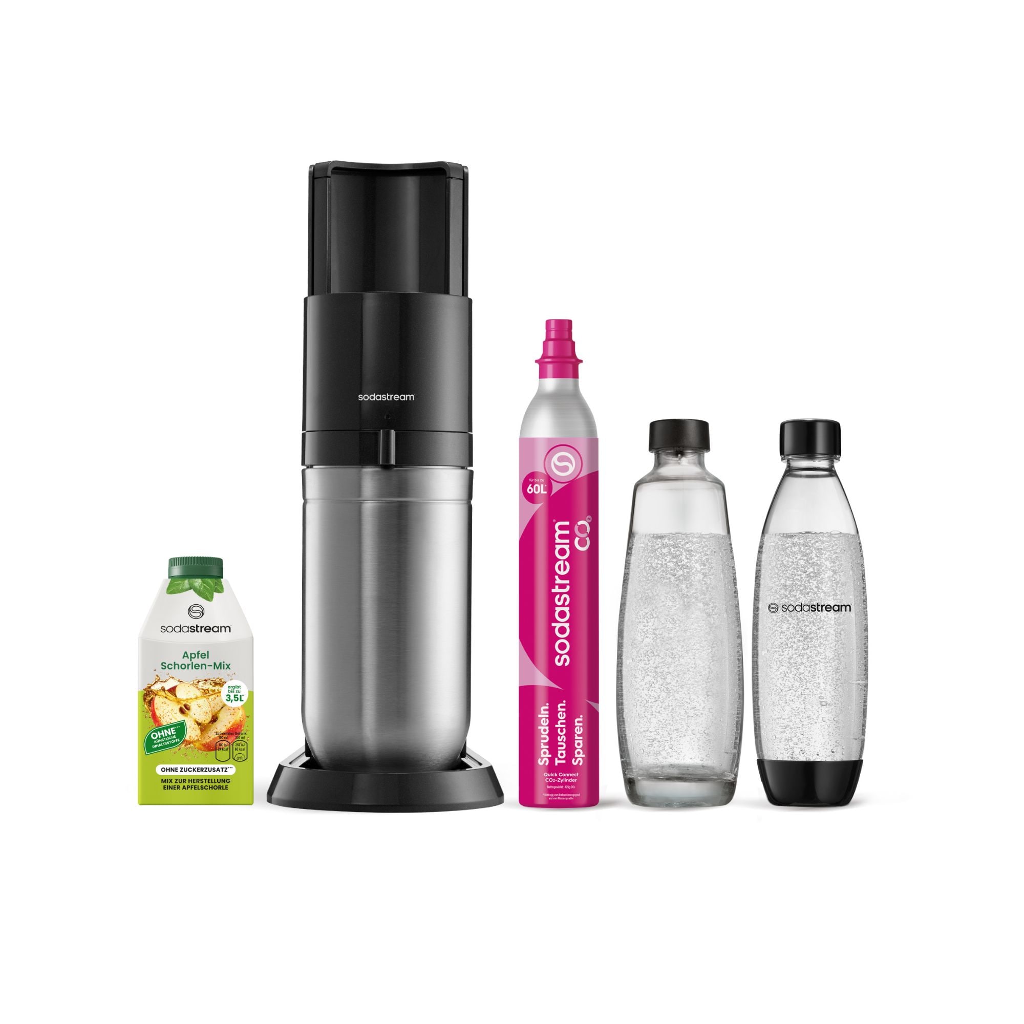 DUO Wassersprudler Titan + Rote Beeren zero Sirup Virtuelles Bundle (1x Glasfl. 1L + 1x KSTFL 1L, 1x QC, 1x Rote Beeren Zero 440ml) 