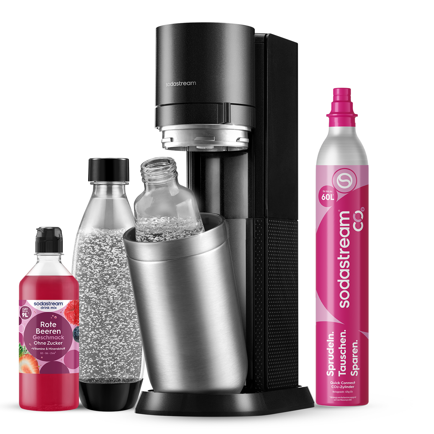DUO Wassersprudler Titan + Rote Beeren zero Sirup Virtuelles Bundle (1x Glasfl.  + 1x KSTFL 1L, 1x QC, 1x Rote Beeren Zero 440ml)
